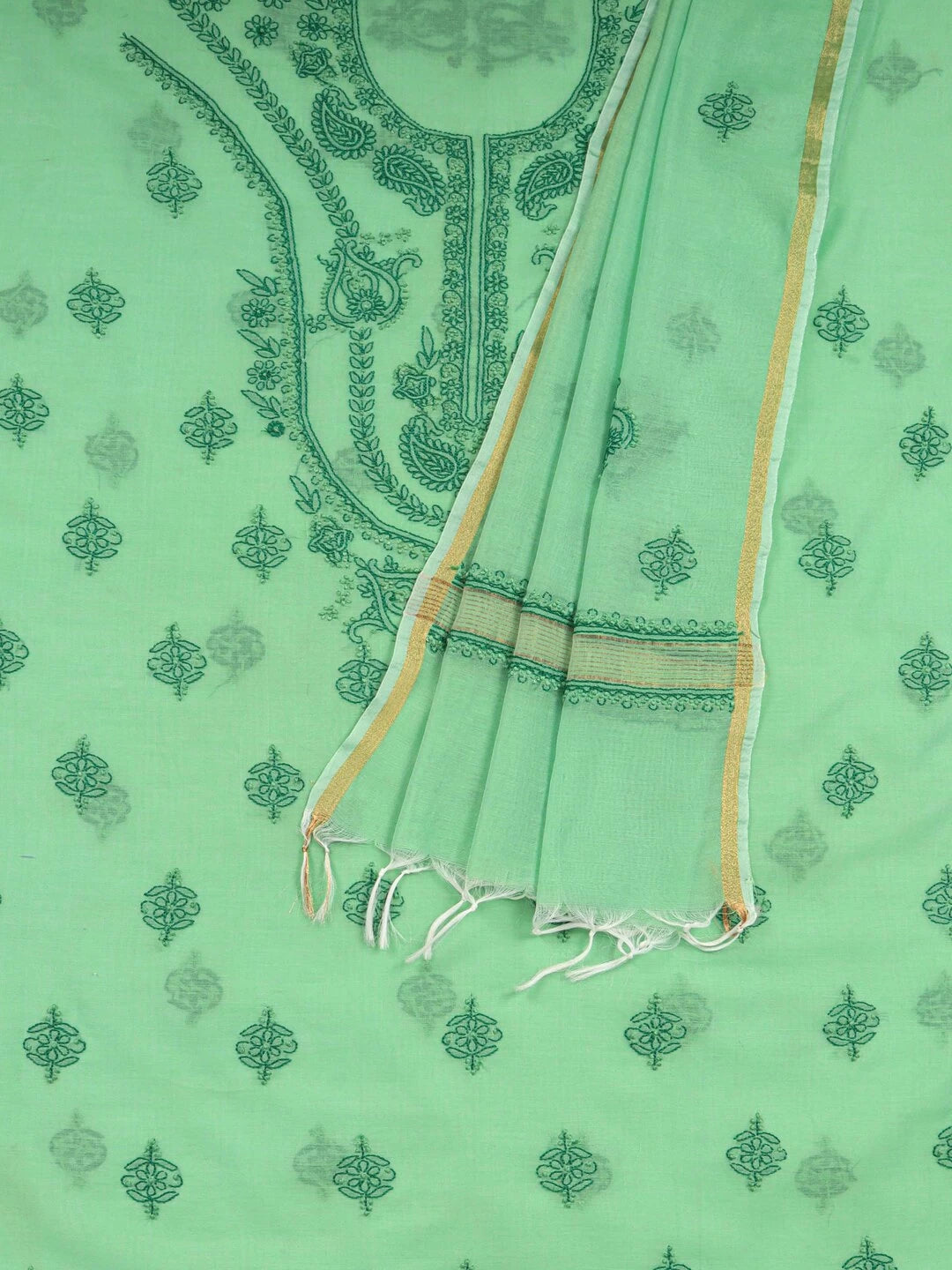 Ada Hand Embroidered Green Chanderi Lucknowi Chikankari unstitched Kurta Dupatta Set 01A118198