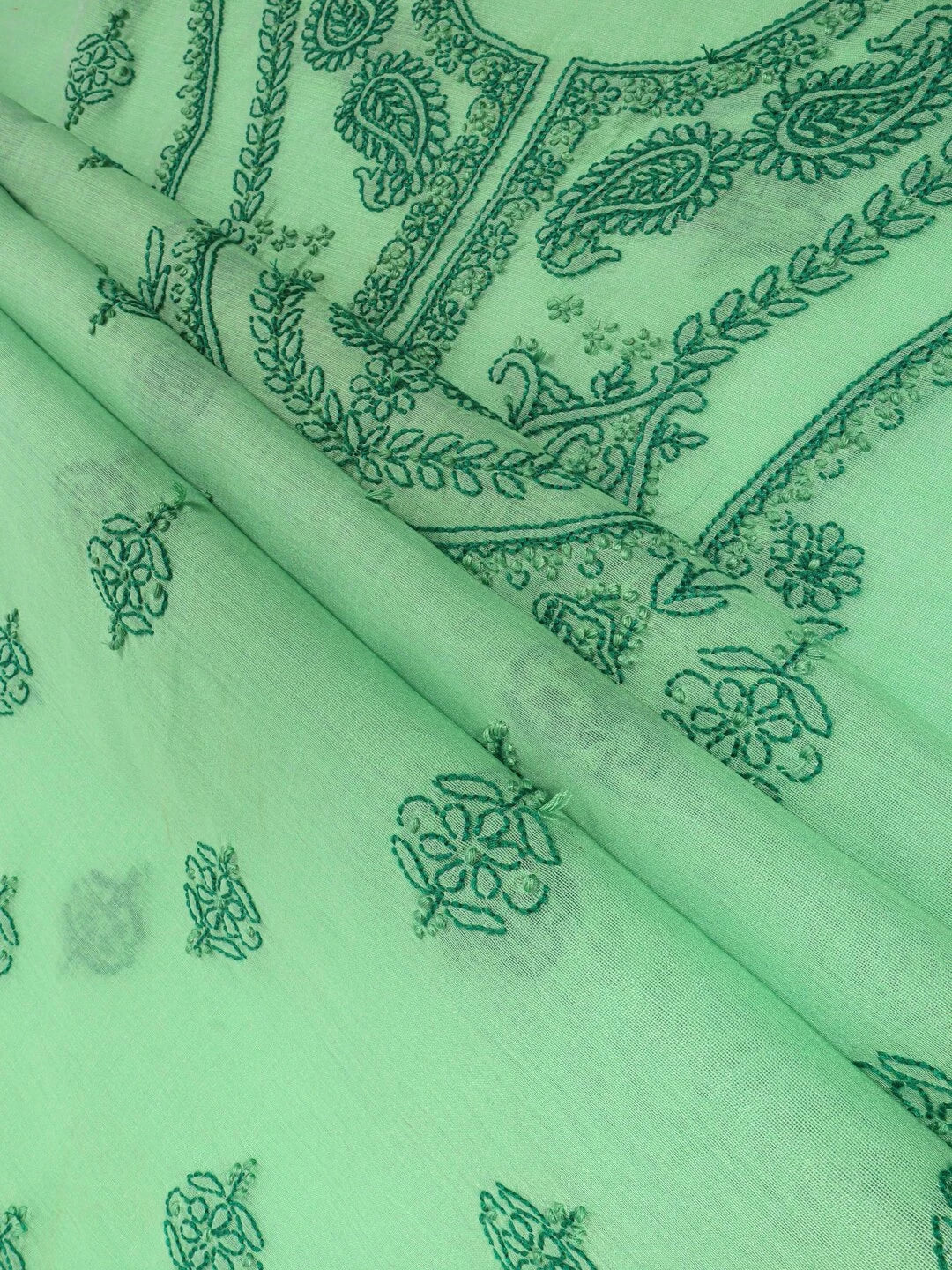 Ada Hand Embroidered Green Chanderi Lucknowi Chikankari unstitched Kurta Dupatta Set 01A118198