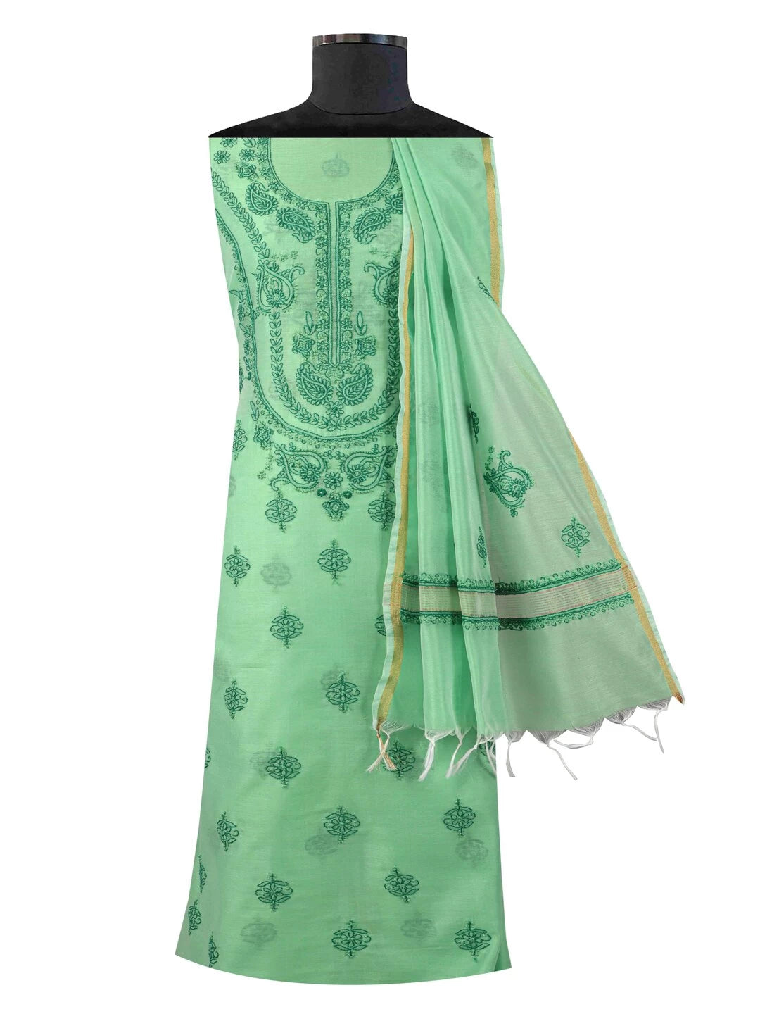 Ada Hand Embroidered Green Chanderi Lucknowi Chikankari unstitched Kurta Dupatta Set 01A118198
