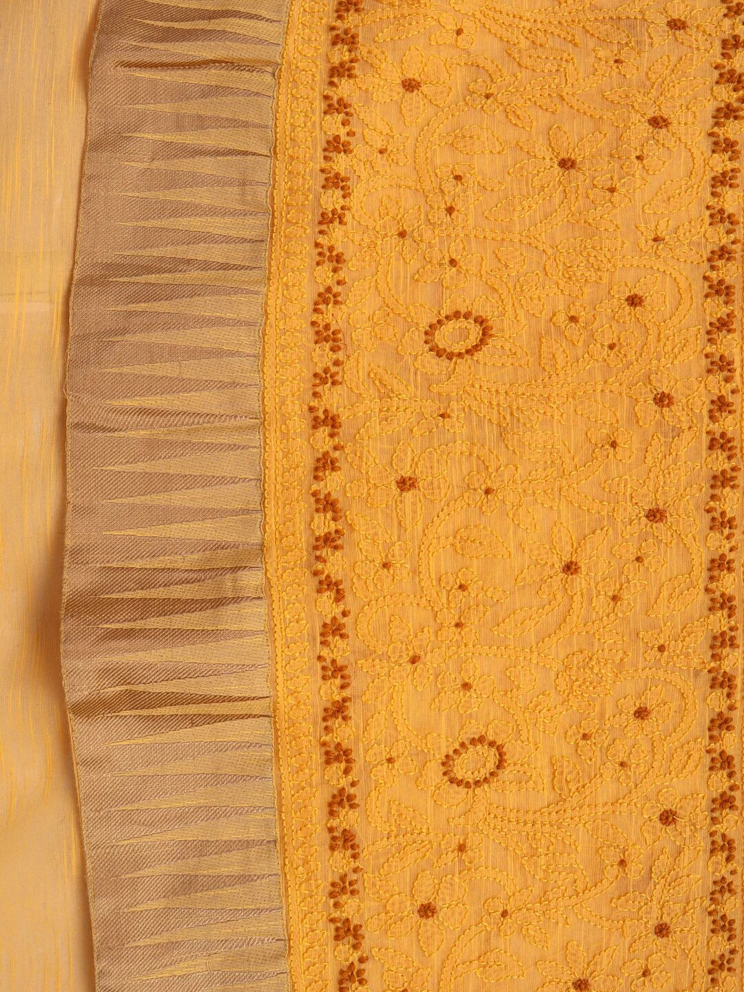 Ada Hand Embroidered Mustard Chanderi Lucknowi Chikankari Unstitched Kurta Dupatta Set 01A127058