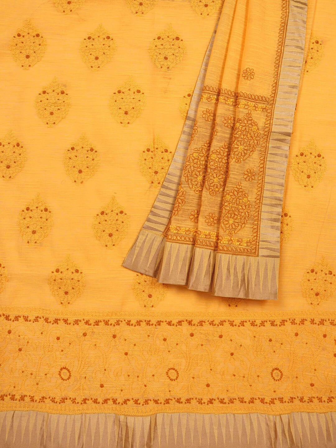 Ada Hand Embroidered Mustard Chanderi Lucknowi Chikankari Unstitched Kurta Dupatta Set 01A127058