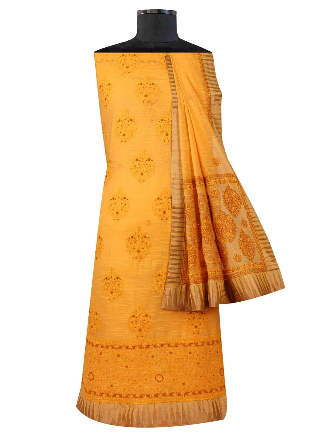 Ada Hand Embroidered Mustard Chanderi Lucknowi Chikankari Unstitched Kurta Dupatta Set 01A127058