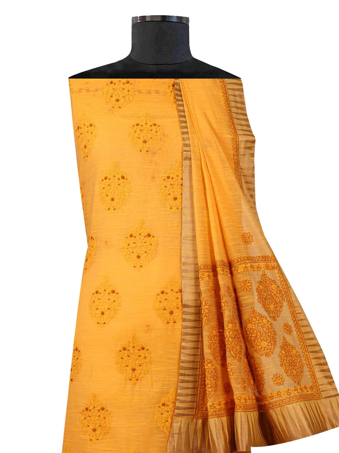 Ada Hand Embroidered Mustard Chanderi Lucknowi Chikankari Unstitched Kurta Dupatta Set 01A127058