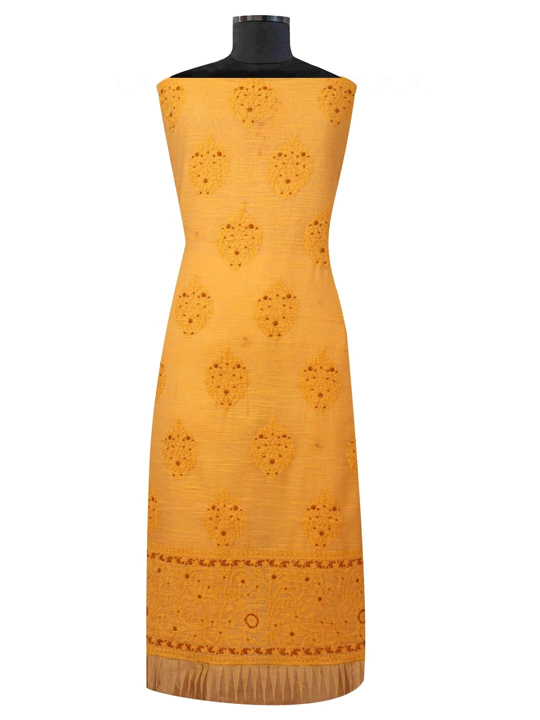 Ada Hand Embroidered Mustard Chanderi Lucknowi Chikankari Unstitched Kurta Dupatta Set 01A127058