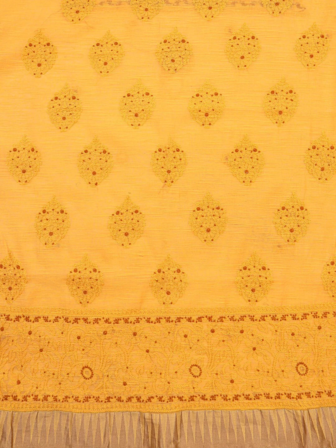 Ada Hand Embroidered Mustard Chanderi Lucknowi Chikankari Unstitched Kurta Dupatta Set 01A127058