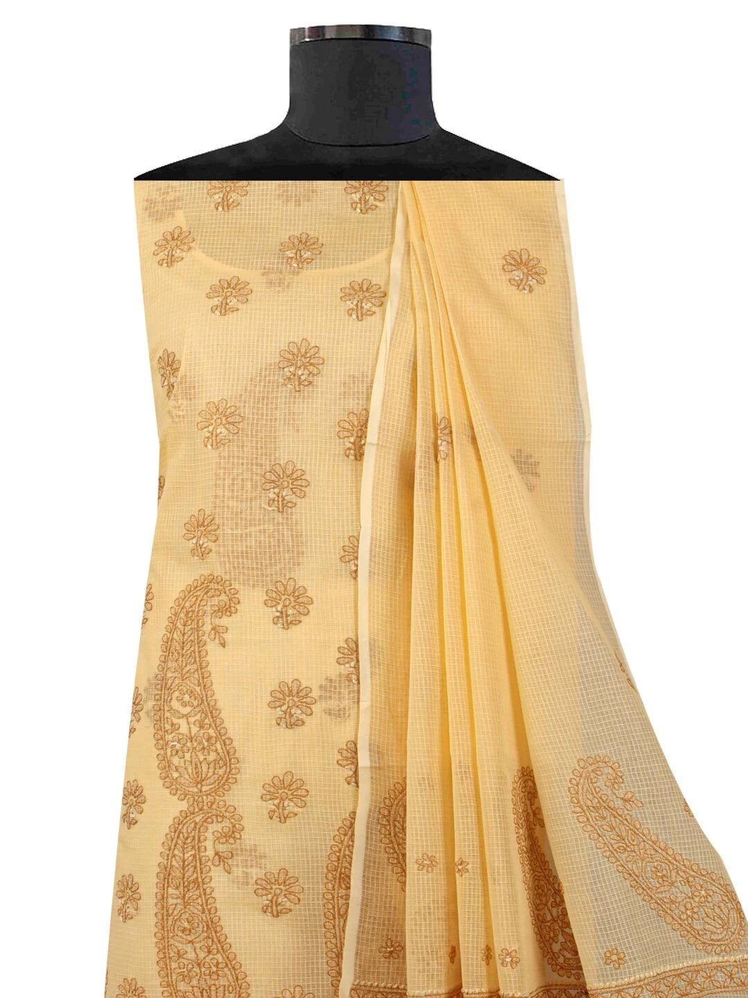 Ada Hand Embroidered Fawn Kota Lucknowi Chikankari Unstitched Kurta Dupatta Set 01A127244