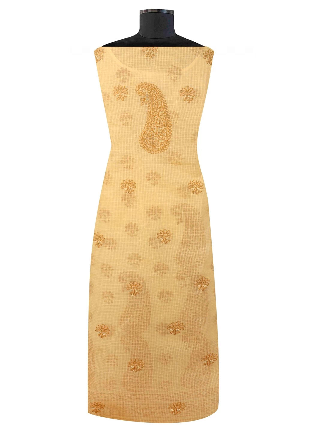 Ada Hand Embroidered Fawn Kota Lucknowi Chikankari Unstitched Kurta Dupatta Set 01A127244