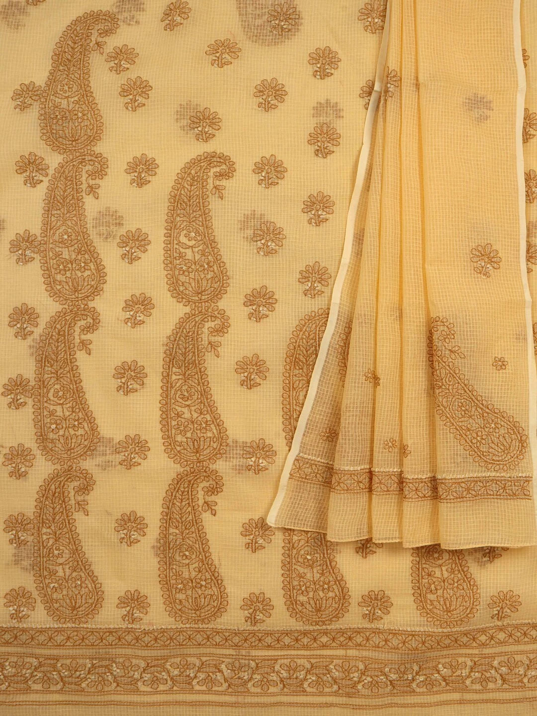 Ada Hand Embroidered Fawn Kota Lucknowi Chikankari Unstitched Kurta Dupatta Set 01A127244