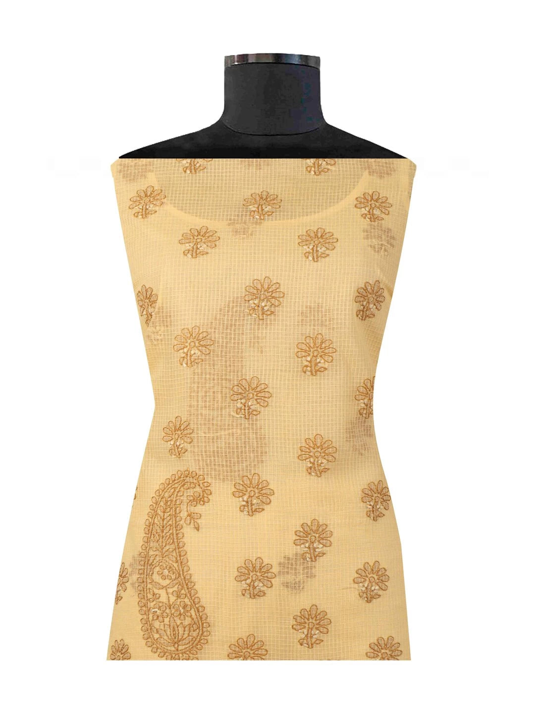 Ada Hand Embroidered Fawn Kota Lucknowi Chikankari Unstitched Kurta Dupatta Set 01A127244