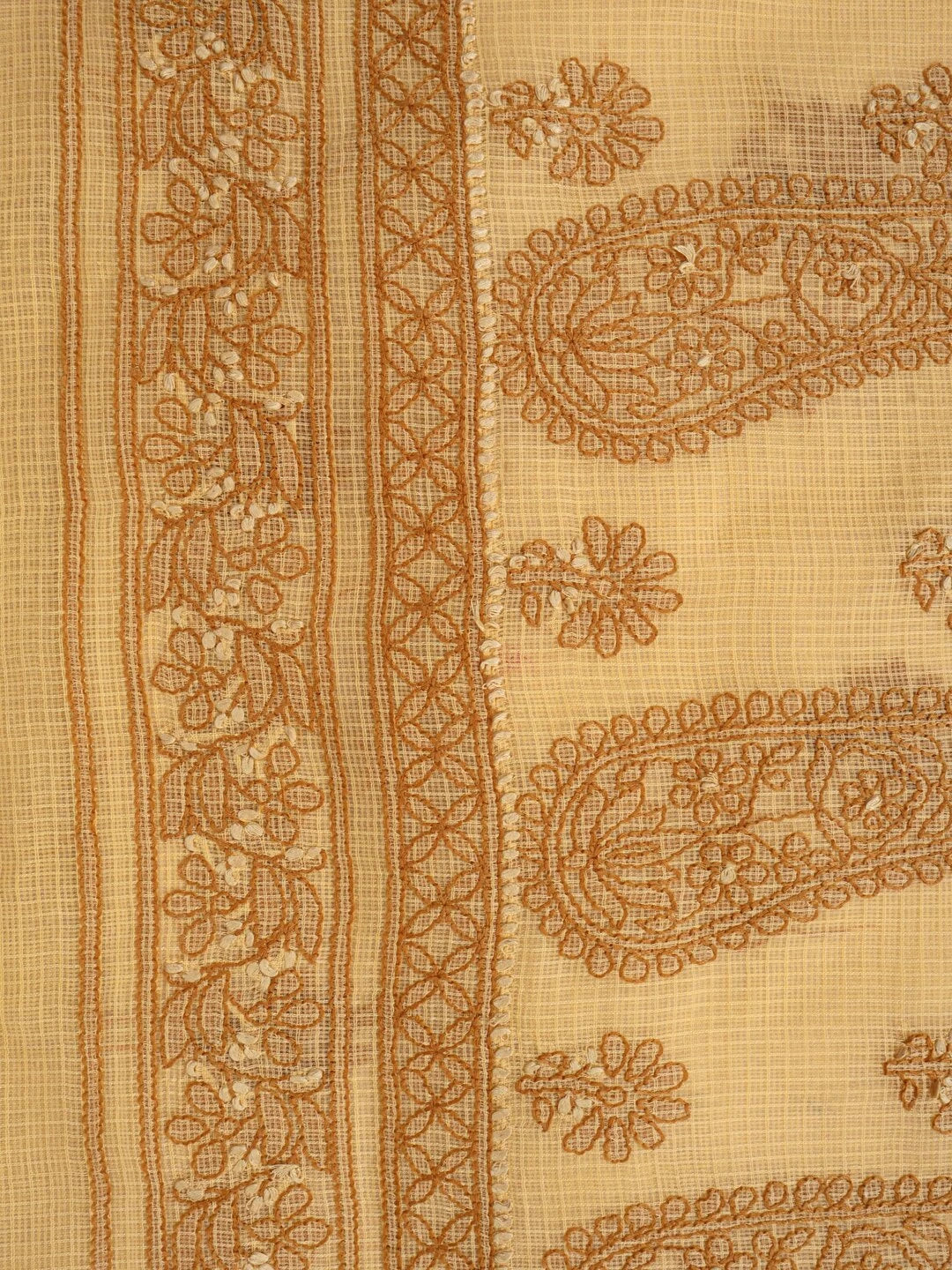 Ada Hand Embroidered Fawn Kota Lucknowi Chikankari Unstitched Kurta Dupatta Set 01A127244