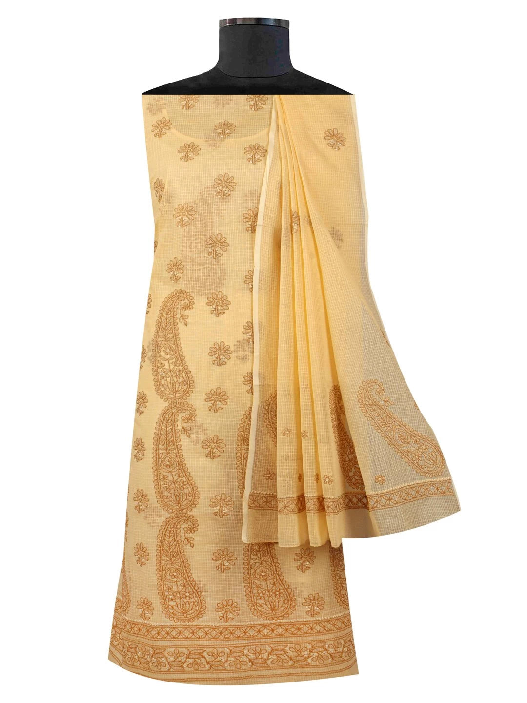 Ada Hand Embroidered Fawn Kota Lucknowi Chikankari Unstitched Kurta Dupatta Set 01A127244