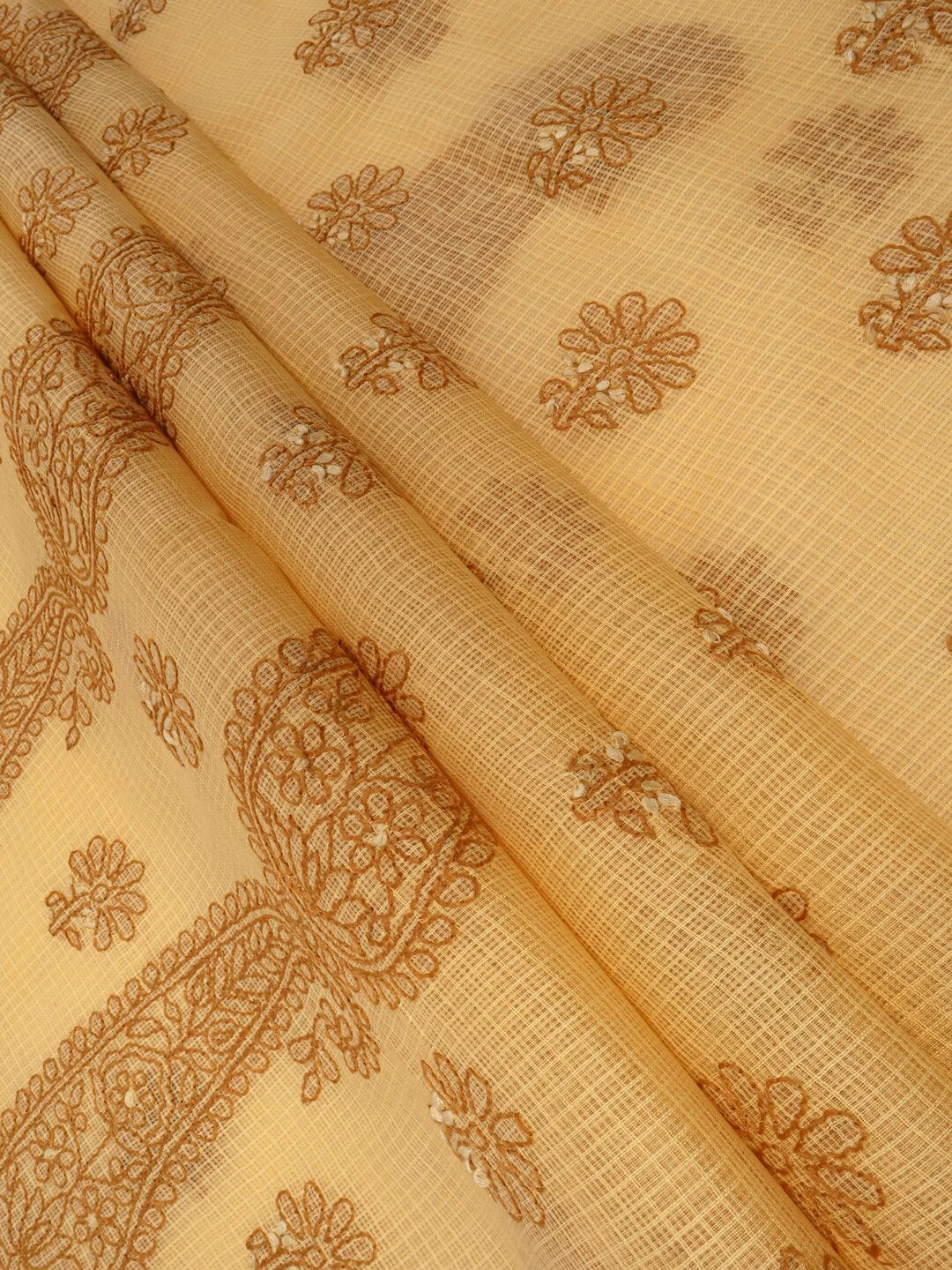 Ada Hand Embroidered Fawn Kota Lucknowi Chikankari Unstitched Kurta Dupatta Set 01A127244