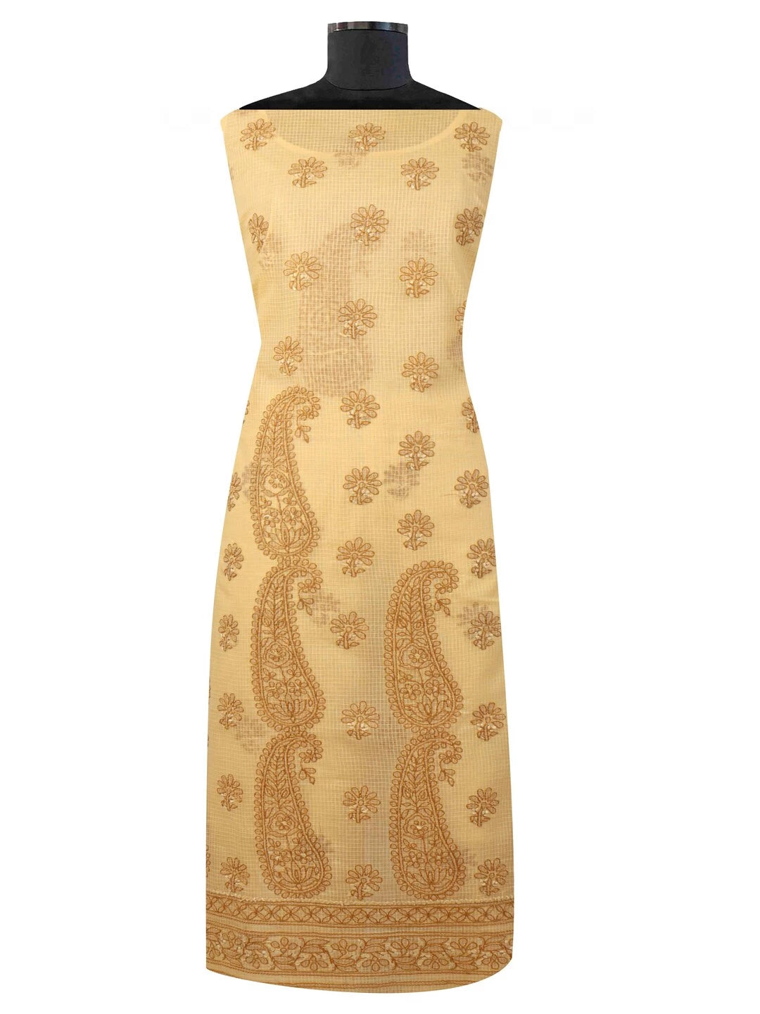 Ada Hand Embroidered Fawn Kota Lucknowi Chikankari Unstitched Kurta Dupatta Set 01A127244