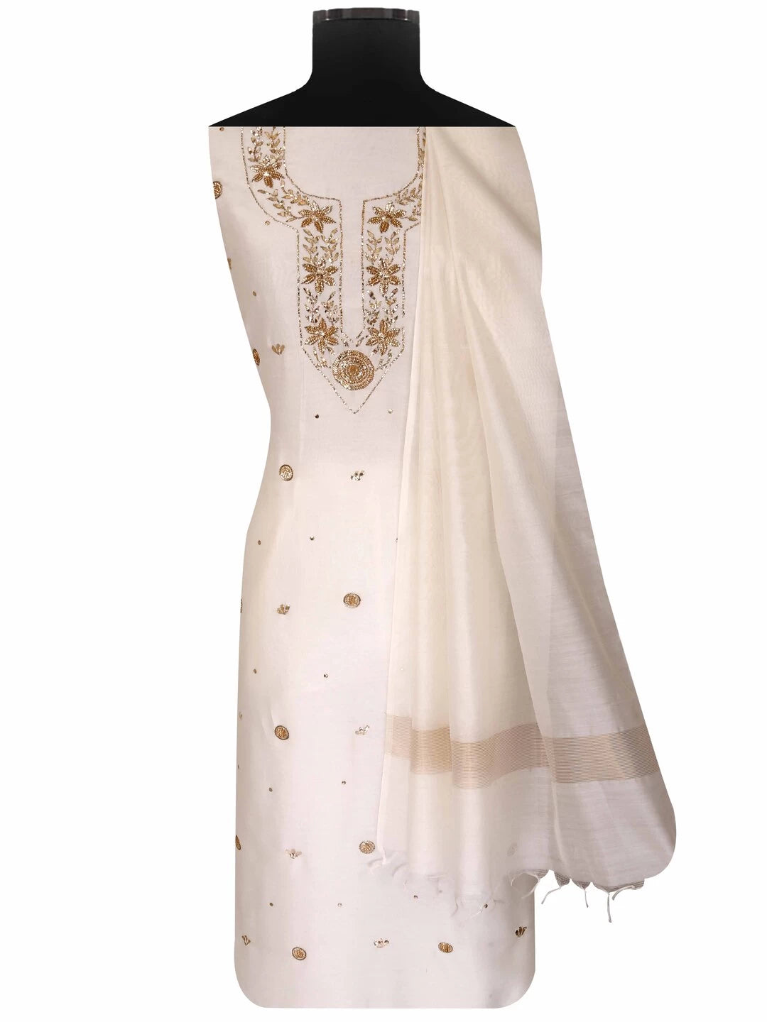 Ada Hand Embroidered Cream Chanderi Lucknowi Chikankari Unstitched Kurta Dupatta Set With Muqaish Work 01A127381