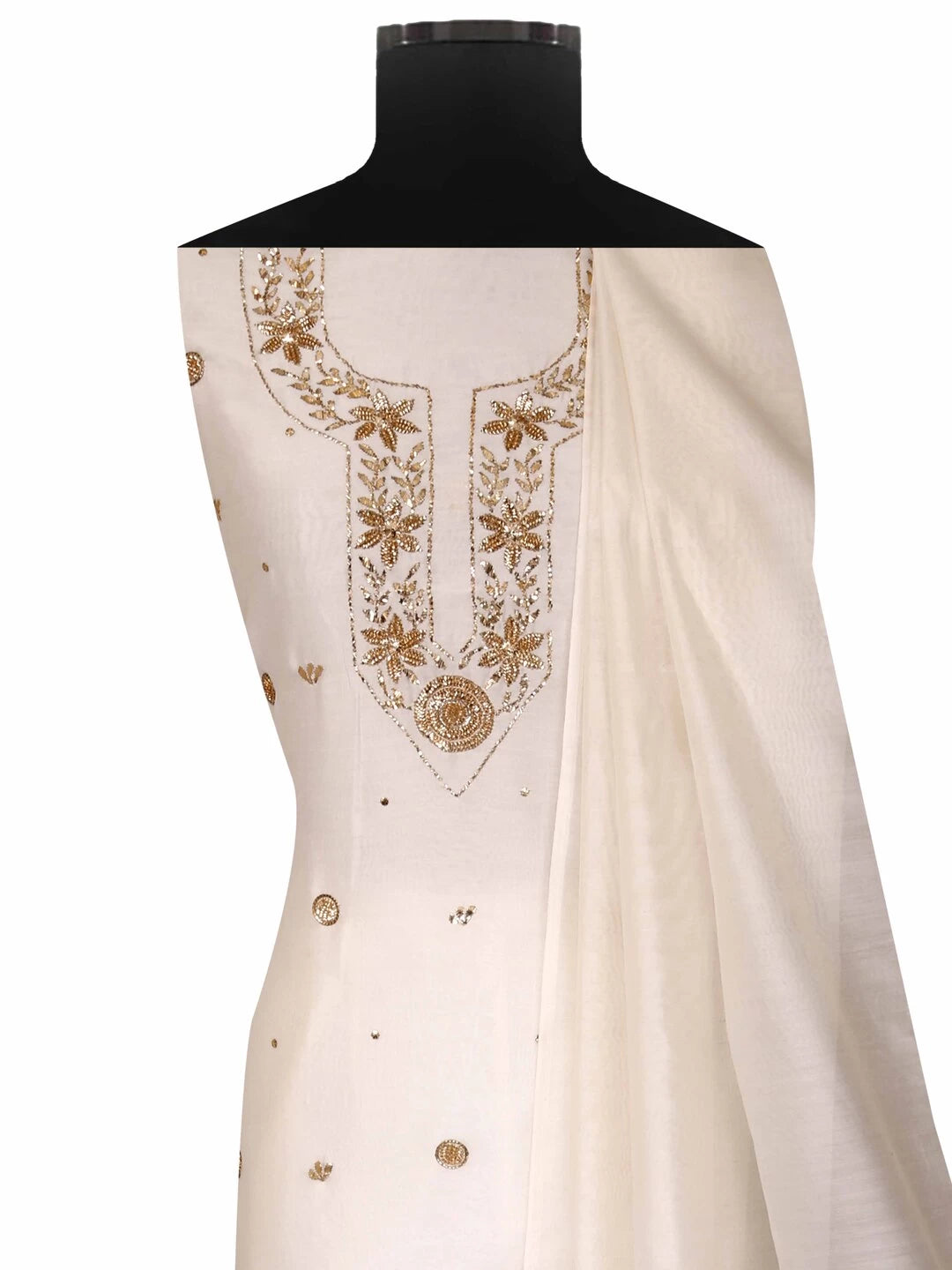 Ada Hand Embroidered Cream Chanderi Lucknowi Chikankari Unstitched Kurta Dupatta Set With Muqaish Work 01A127381