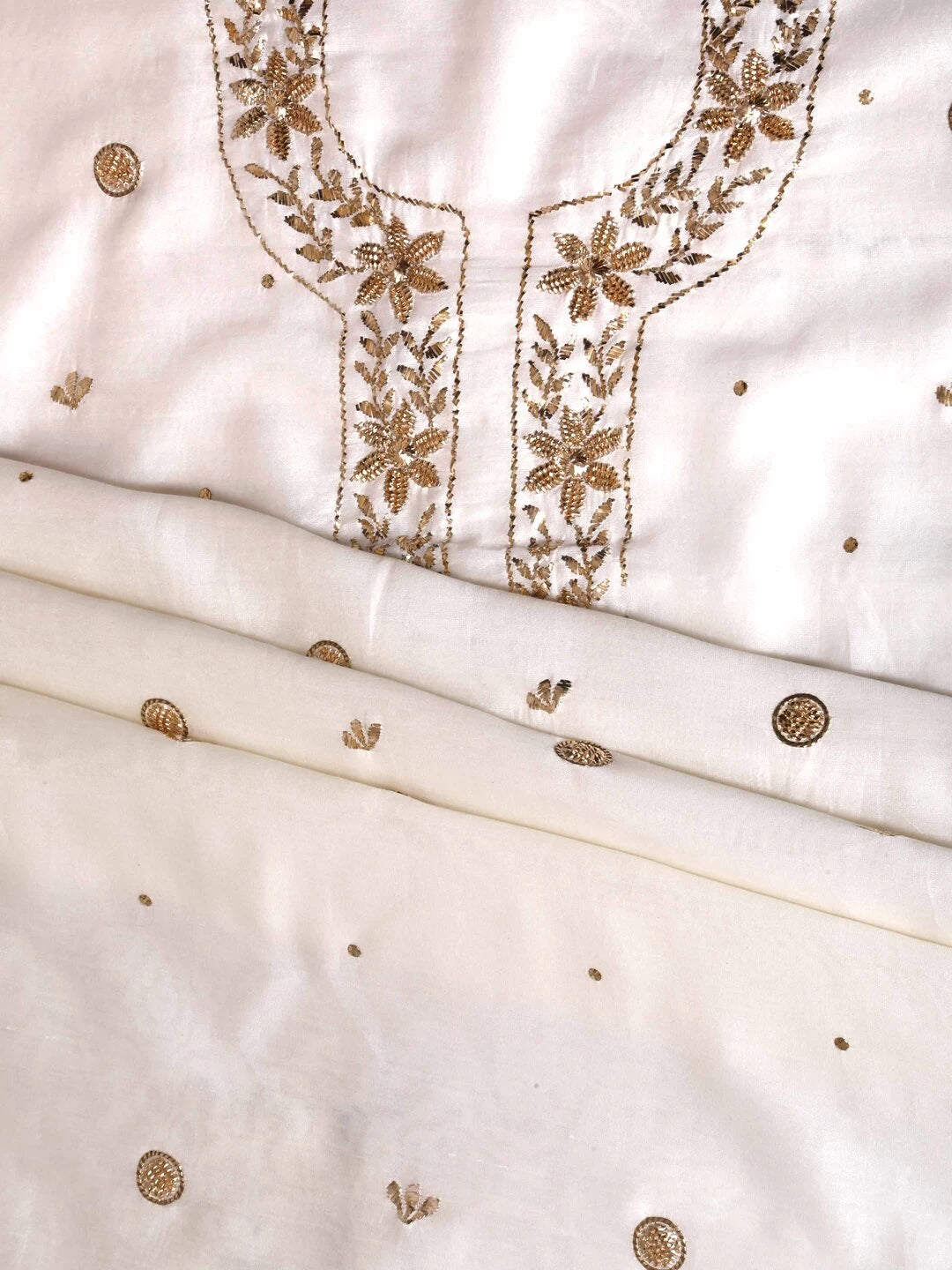 Ada Hand Embroidered Cream Chanderi Lucknowi Chikankari Unstitched Kurta Dupatta Set With Muqaish Work 01A127381