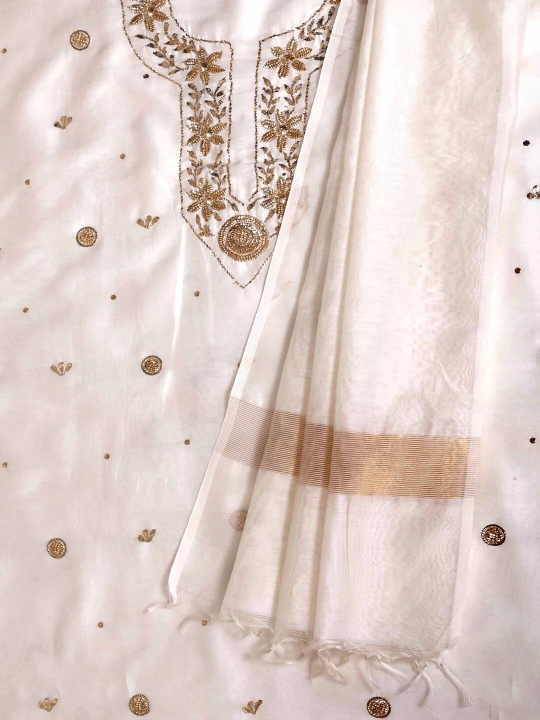 Ada Hand Embroidered Cream Chanderi Lucknowi Chikankari Unstitched Kurta Dupatta Set With Muqaish Work 01A127381