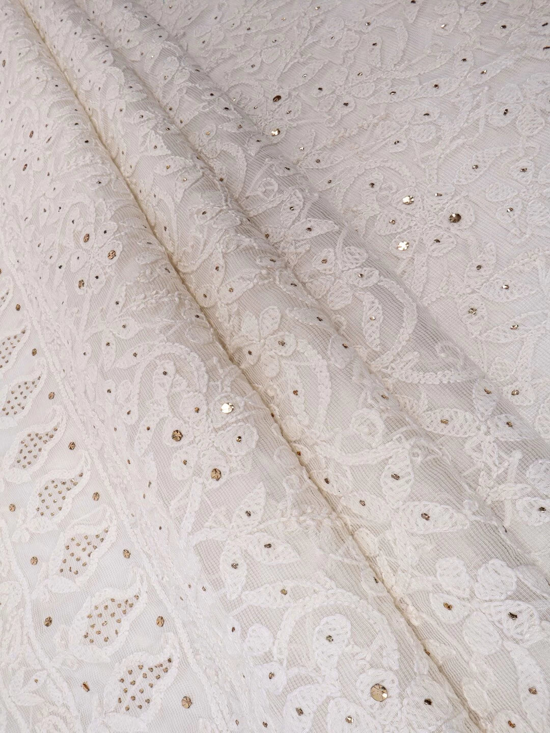 Ada Hand Embroidered White Kota Lucknowi Chikankari Unstitched Kurta Dupatta Set With Muqaish Work 01A128109