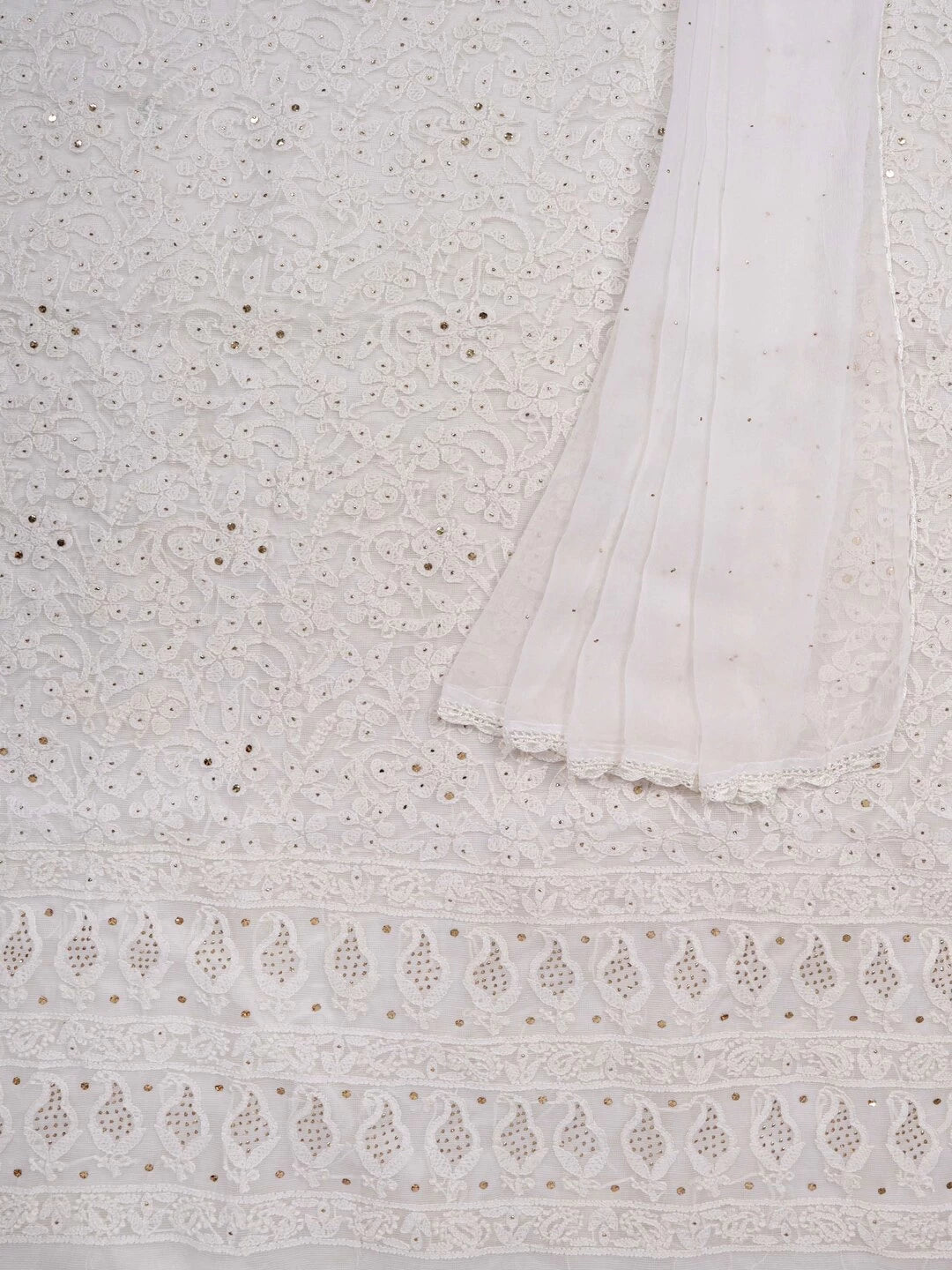 Ada Hand Embroidered White Kota Lucknowi Chikankari Unstitched Kurta Dupatta Set With Muqaish Work 01A128109