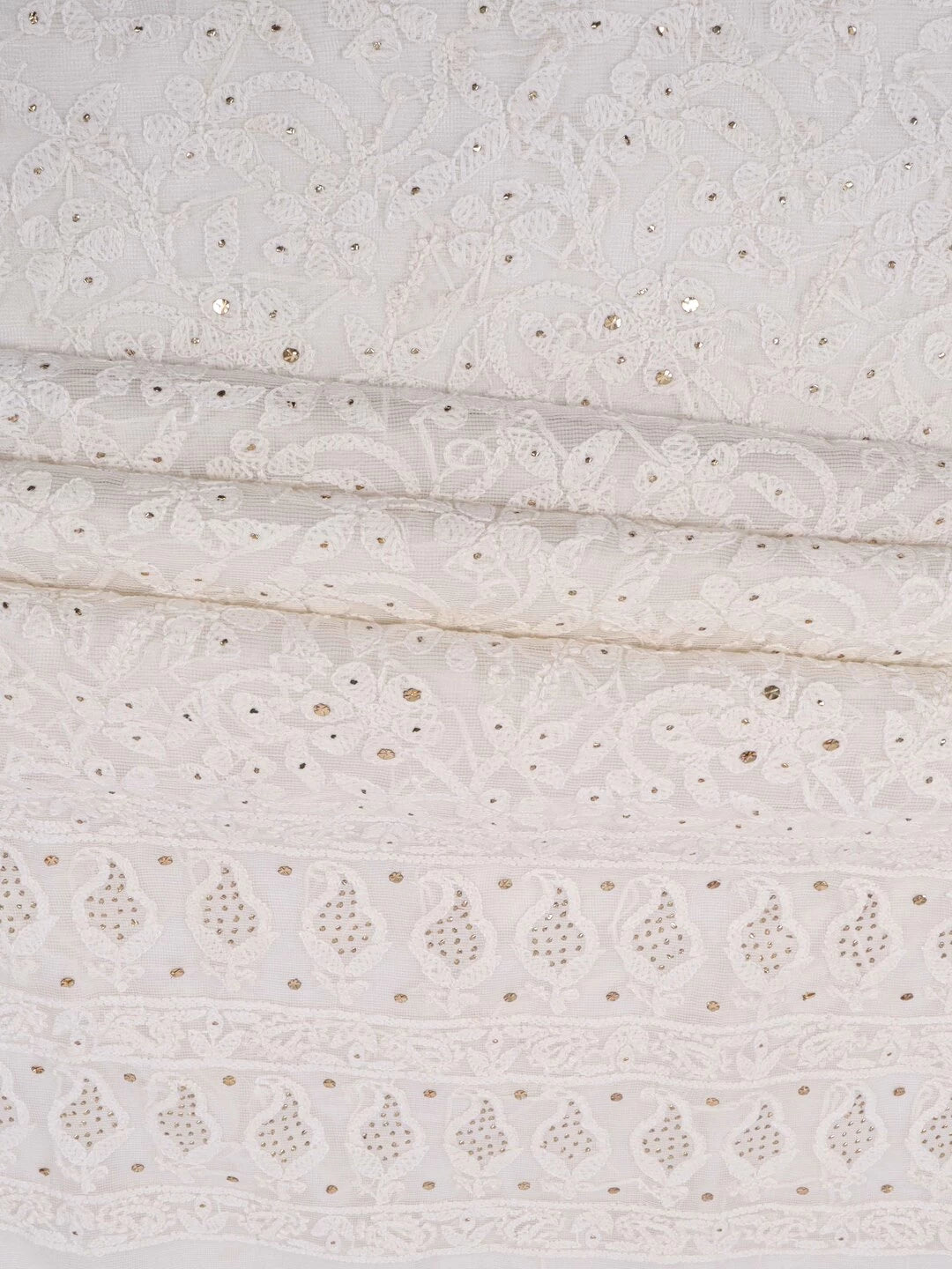 Ada Hand Embroidered White Kota Lucknowi Chikankari Unstitched Kurta Dupatta Set With Muqaish Work 01A128109
