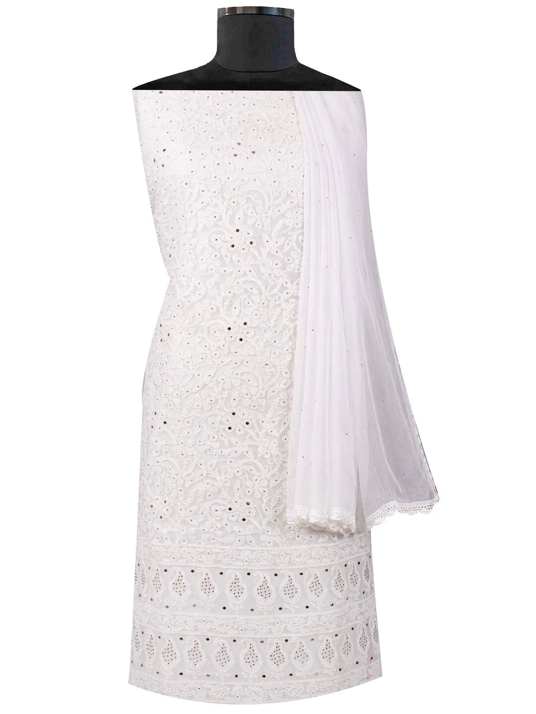 Ada Hand Embroidered White Kota Lucknowi Chikankari Unstitched Kurta Dupatta Set With Muqaish Work 01A128109