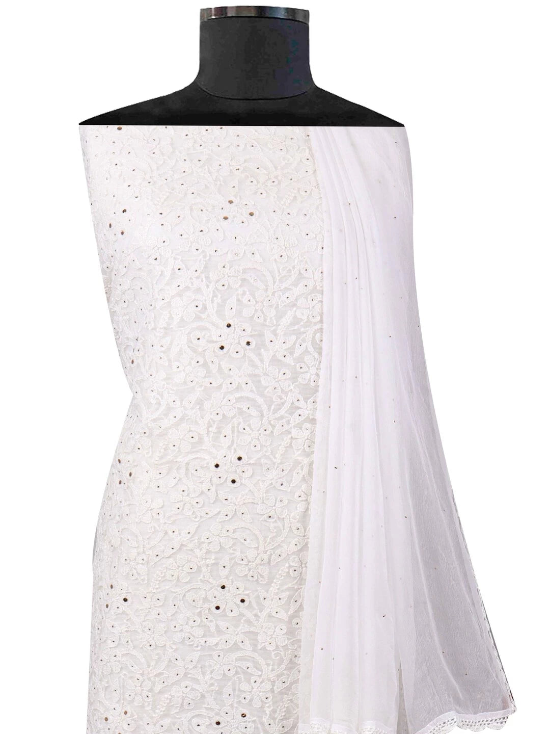 Ada Hand Embroidered White Kota Lucknowi Chikankari Unstitched Kurta Dupatta Set With Muqaish Work 01A128109