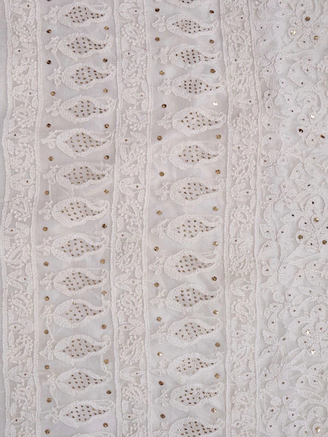 Ada Hand Embroidered White Kota Lucknowi Chikankari Unstitched Kurta Dupatta Set With Muqaish Work 01A128109
