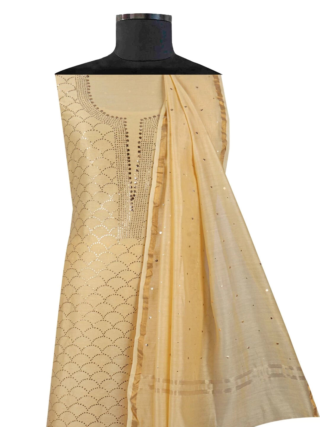Ada Hand Embroidered Light Fawn Chanderi Lucknowi Chikankari Unstitched Kurta Dupatta Set With Muqaish Work 01A28558