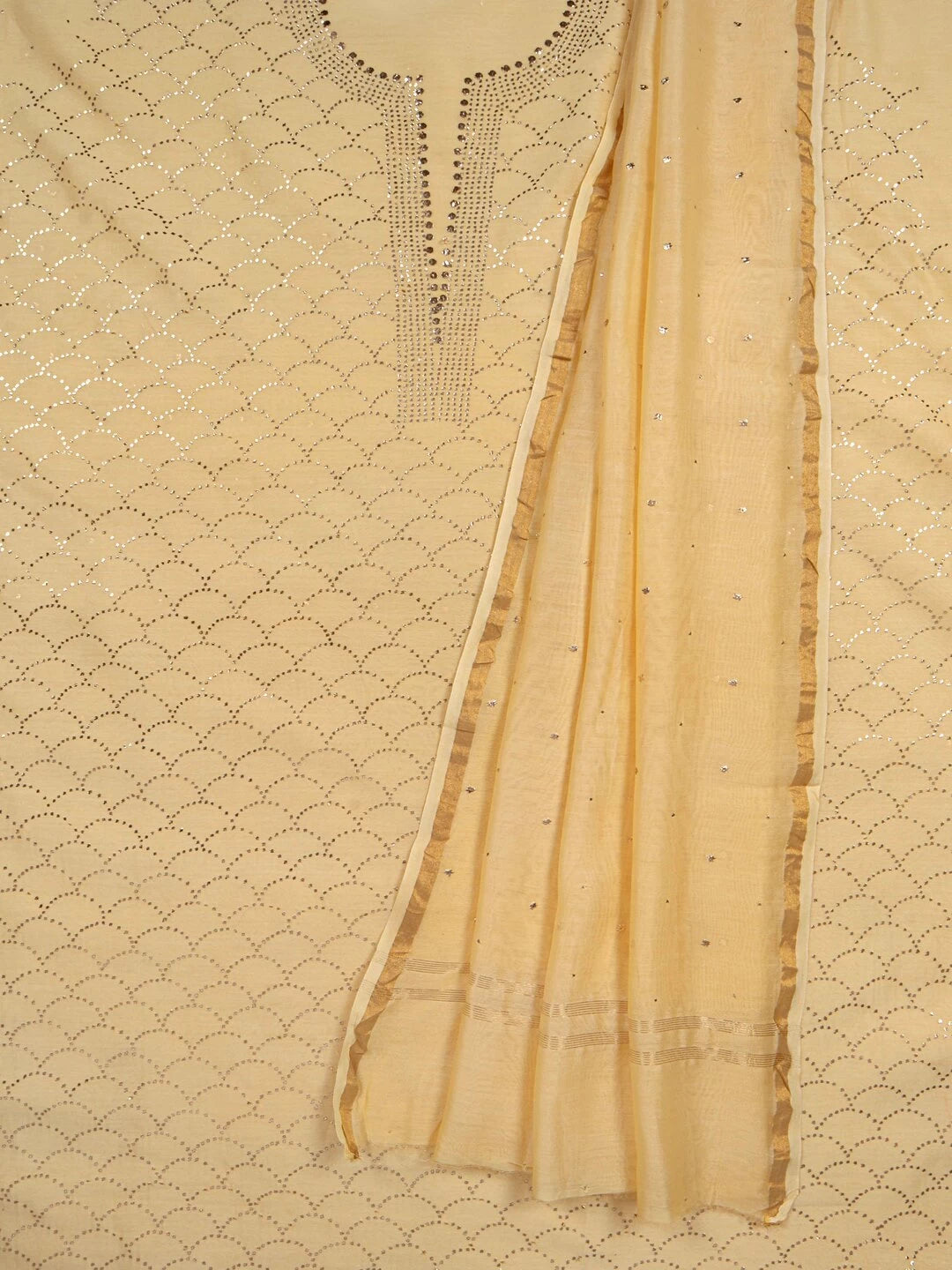Ada Hand Embroidered Light Fawn Chanderi Lucknowi Chikankari Unstitched Kurta Dupatta Set With Muqaish Work 01A28558