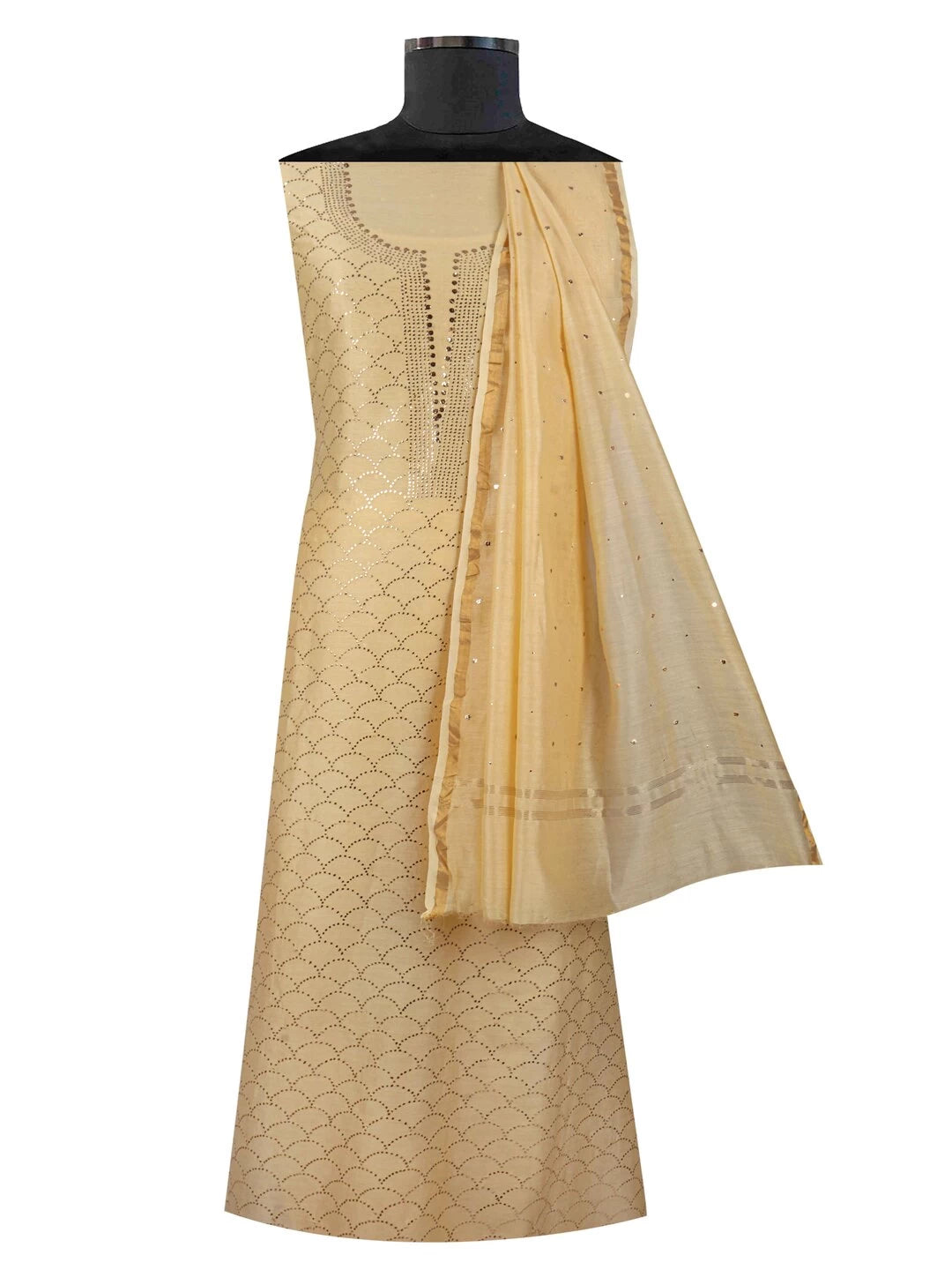 Ada Hand Embroidered Light Fawn Chanderi Lucknowi Chikankari Unstitched Kurta Dupatta Set With Muqaish Work 01A28558