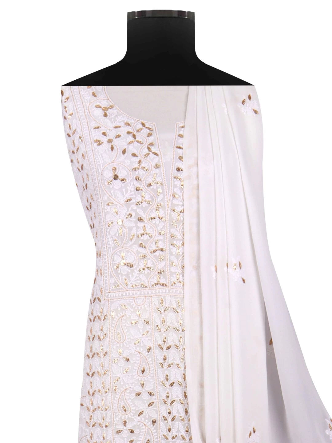 Ada Hand Embroidered White Georgette Lucknowi Chikankari Unstitched Kurta Dupatta Set With Gota Patti Work 01A75526