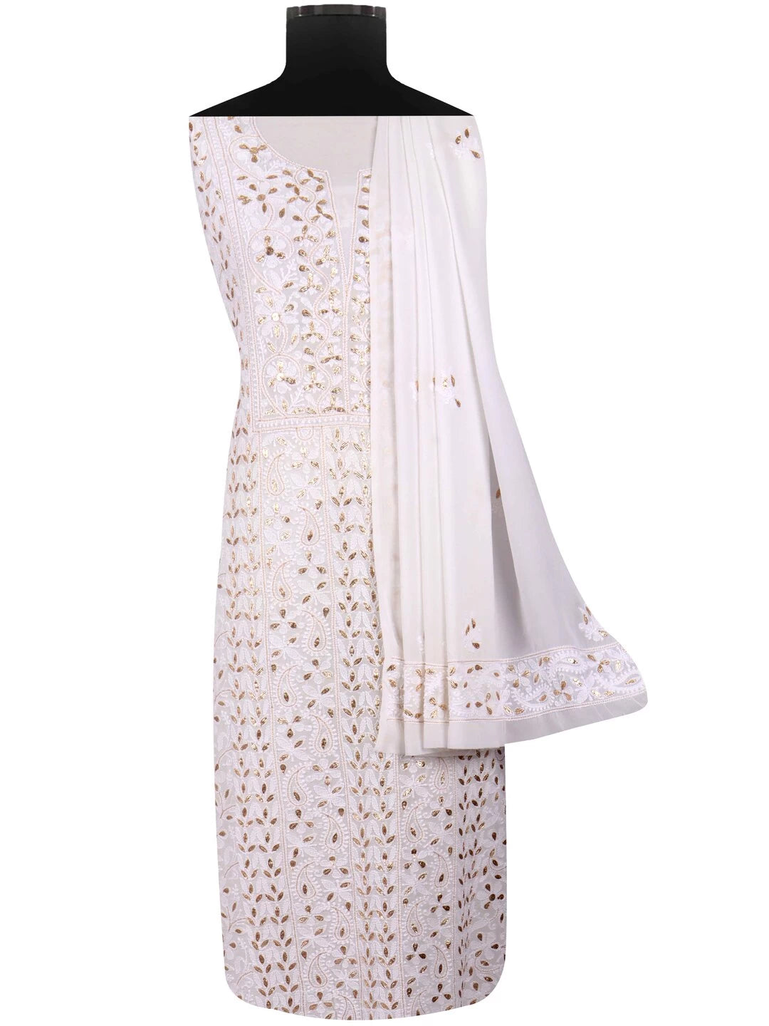 Ada Hand Embroidered White Georgette Lucknowi Chikankari Unstitched Kurta Dupatta Set With Gota Patti Work 01A75526