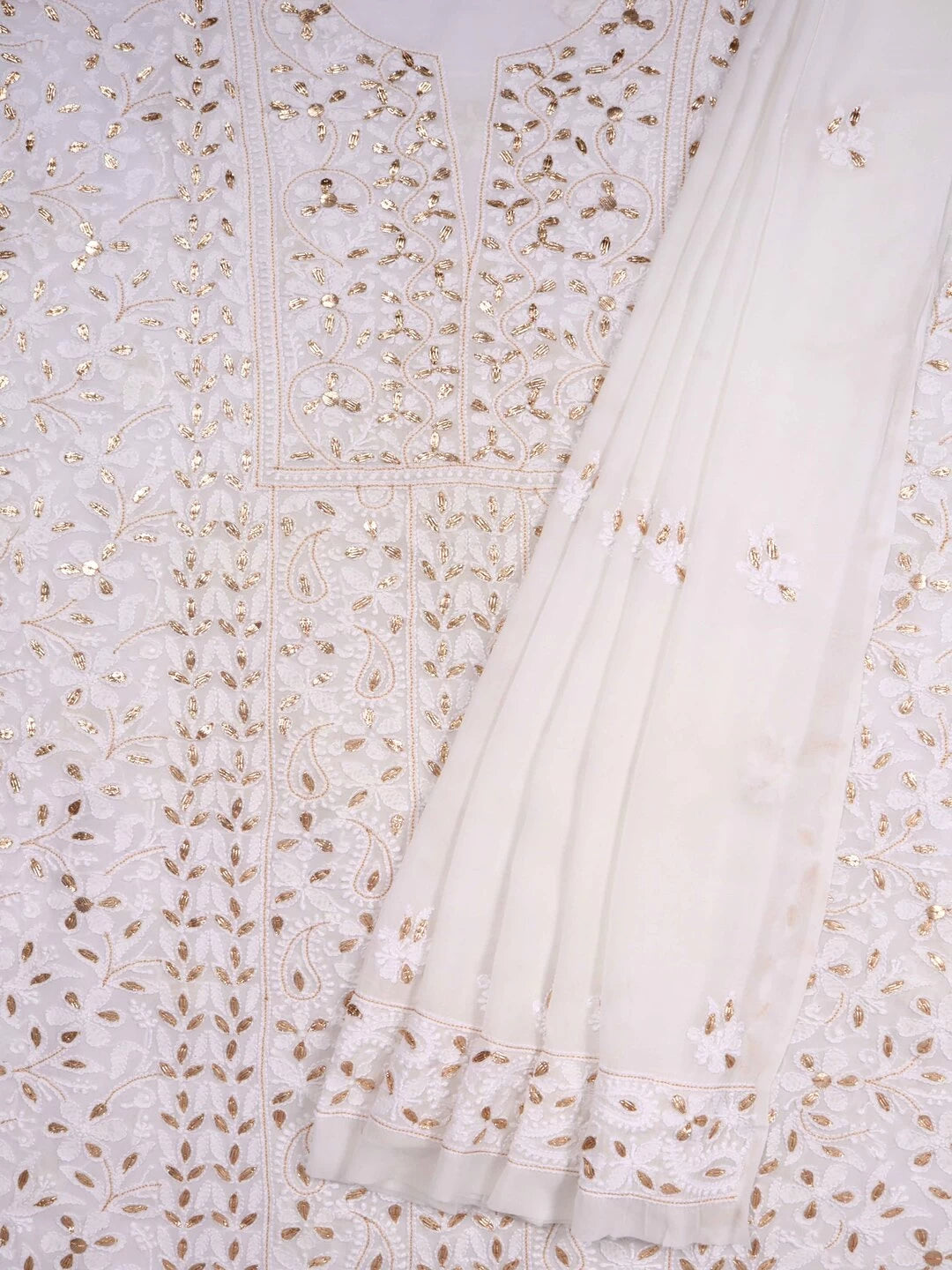 Ada Hand Embroidered White Georgette Lucknowi Chikankari Unstitched Kurta Dupatta Set With Gota Patti Work 01A75526