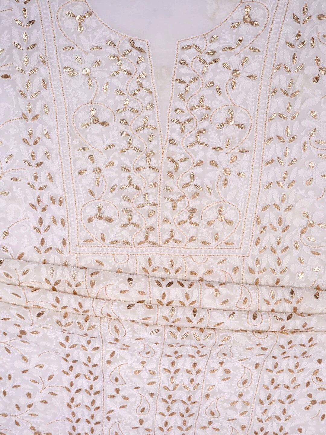 Ada Hand Embroidered White Georgette Lucknowi Chikankari Unstitched Kurta Dupatta Set With Gota Patti Work 01A75526