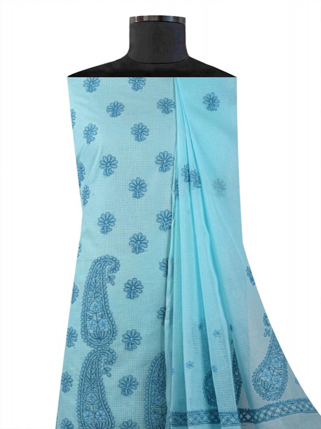 Ada Hand Embroidered Sky Blue Kota Lucknowi Chikankari Unstitched Kurta Dupatta Set 01A127242