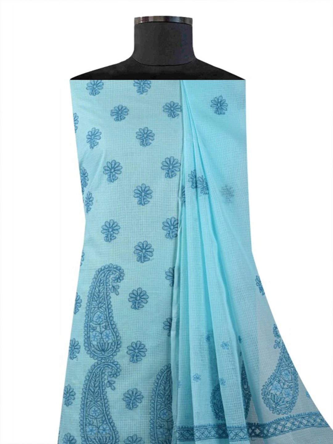 Ada Hand Embroidered Sky Blue Kota Lucknowi Chikankari Unstitched Kurta Dupatta Set 01A127242