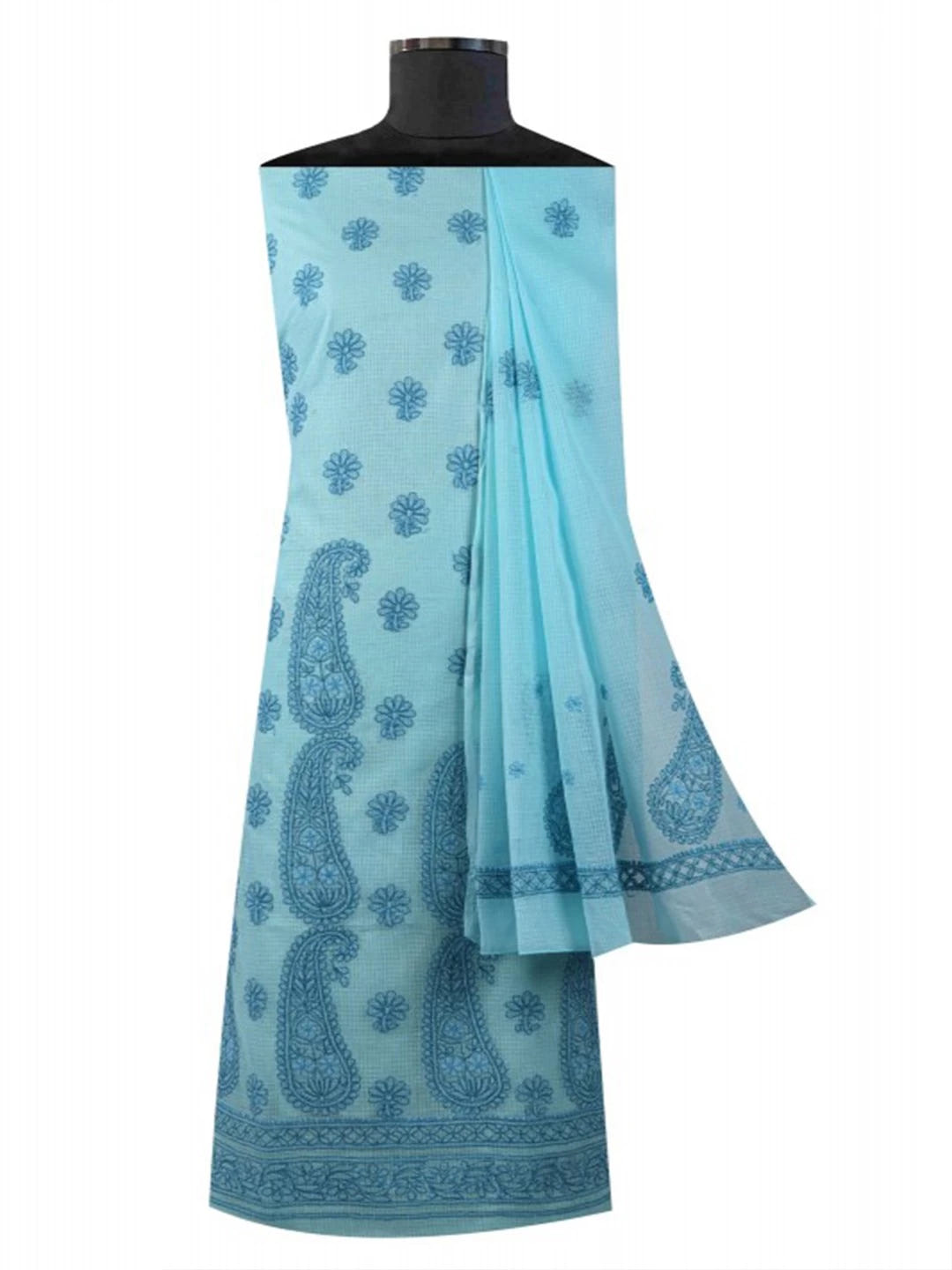 Ada Hand Embroidered Sky Blue Kota Lucknowi Chikankari Unstitched Kurta Dupatta Set 01A127242