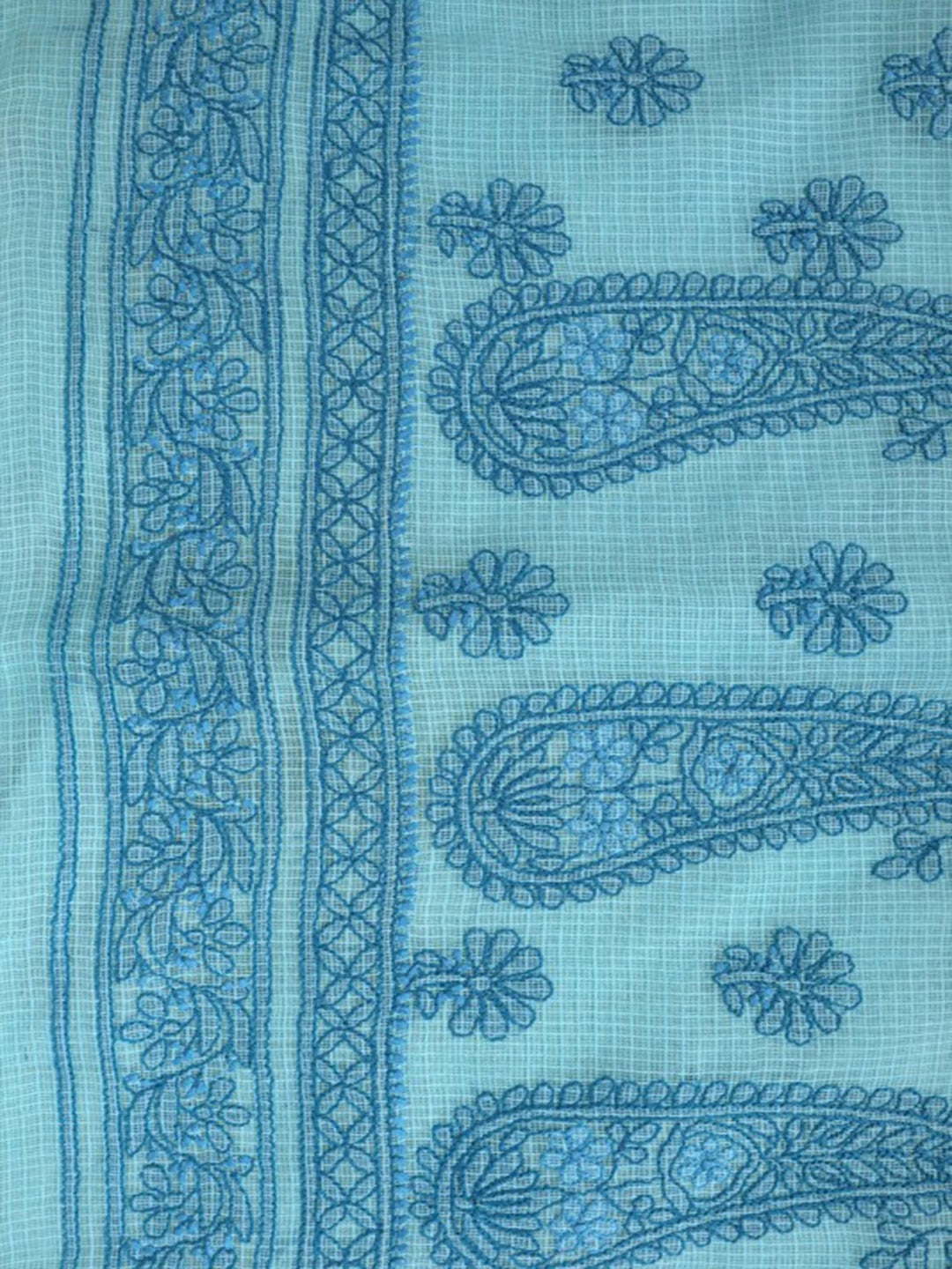 Ada Hand Embroidered Sky Blue Kota Lucknowi Chikankari Unstitched Kurta Dupatta Set 01A127242