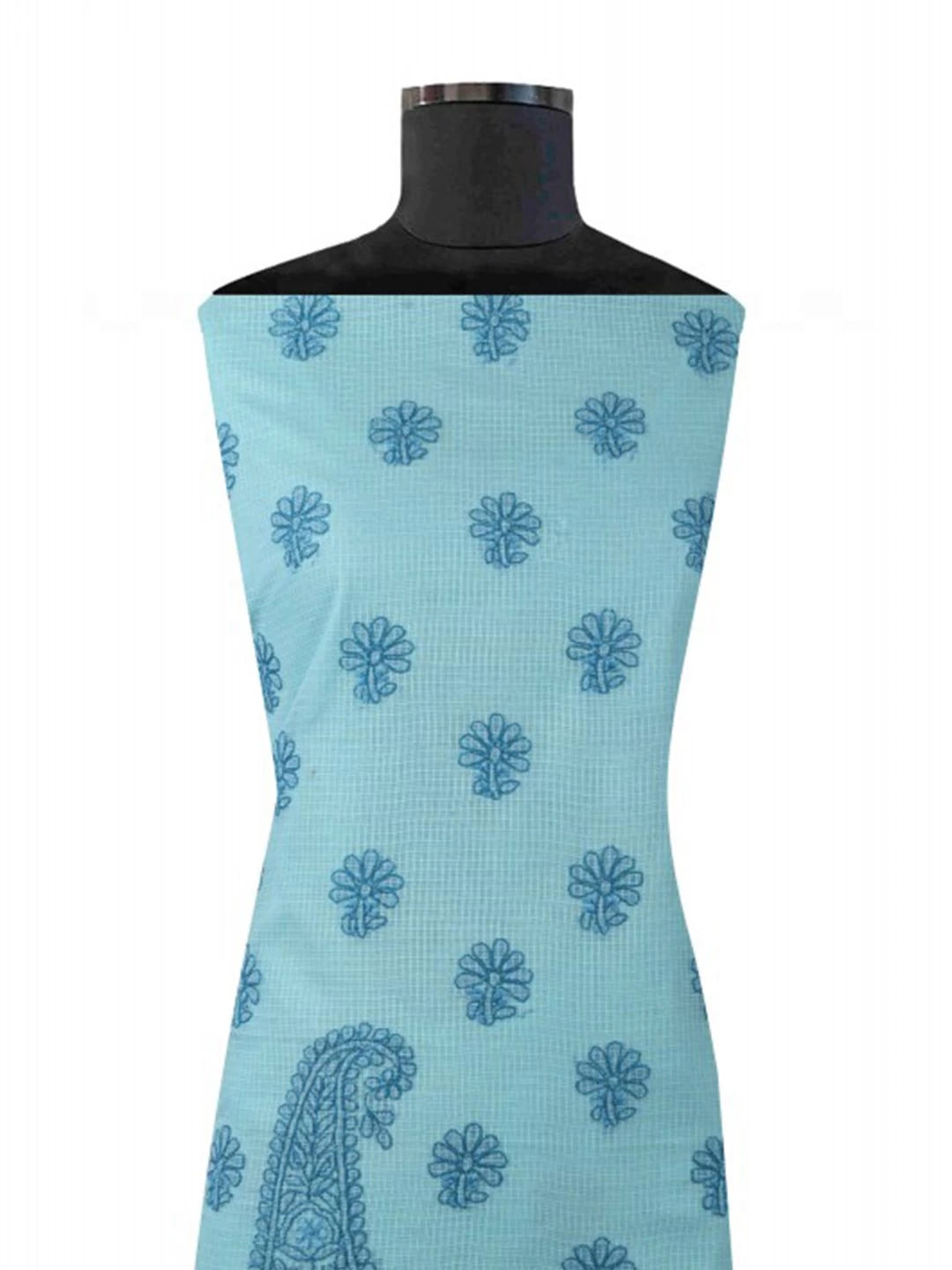 Ada Hand Embroidered Sky Blue Kota Lucknowi Chikankari Unstitched Kurta Dupatta Set 01A127242