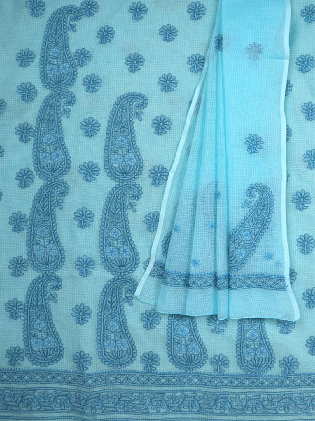 Ada Hand Embroidered Sky Blue Kota Lucknowi Chikankari Unstitched Kurta Dupatta Set 01A127242