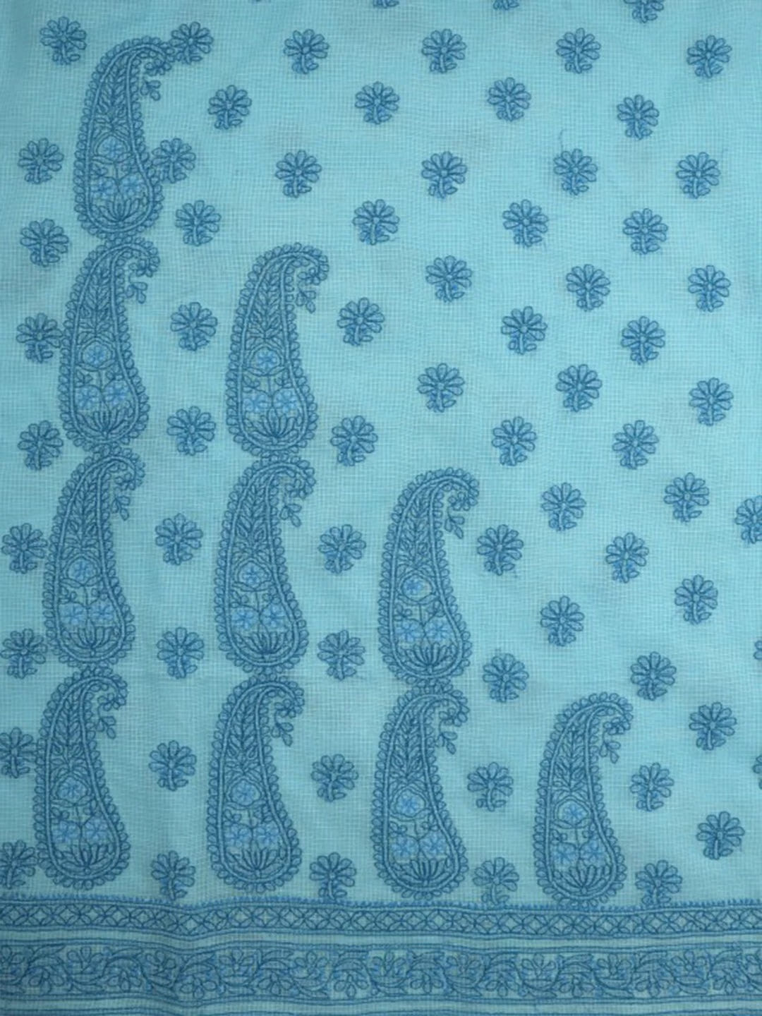 Ada Hand Embroidered Sky Blue Kota Lucknowi Chikankari Unstitched Kurta Dupatta Set 01A127242