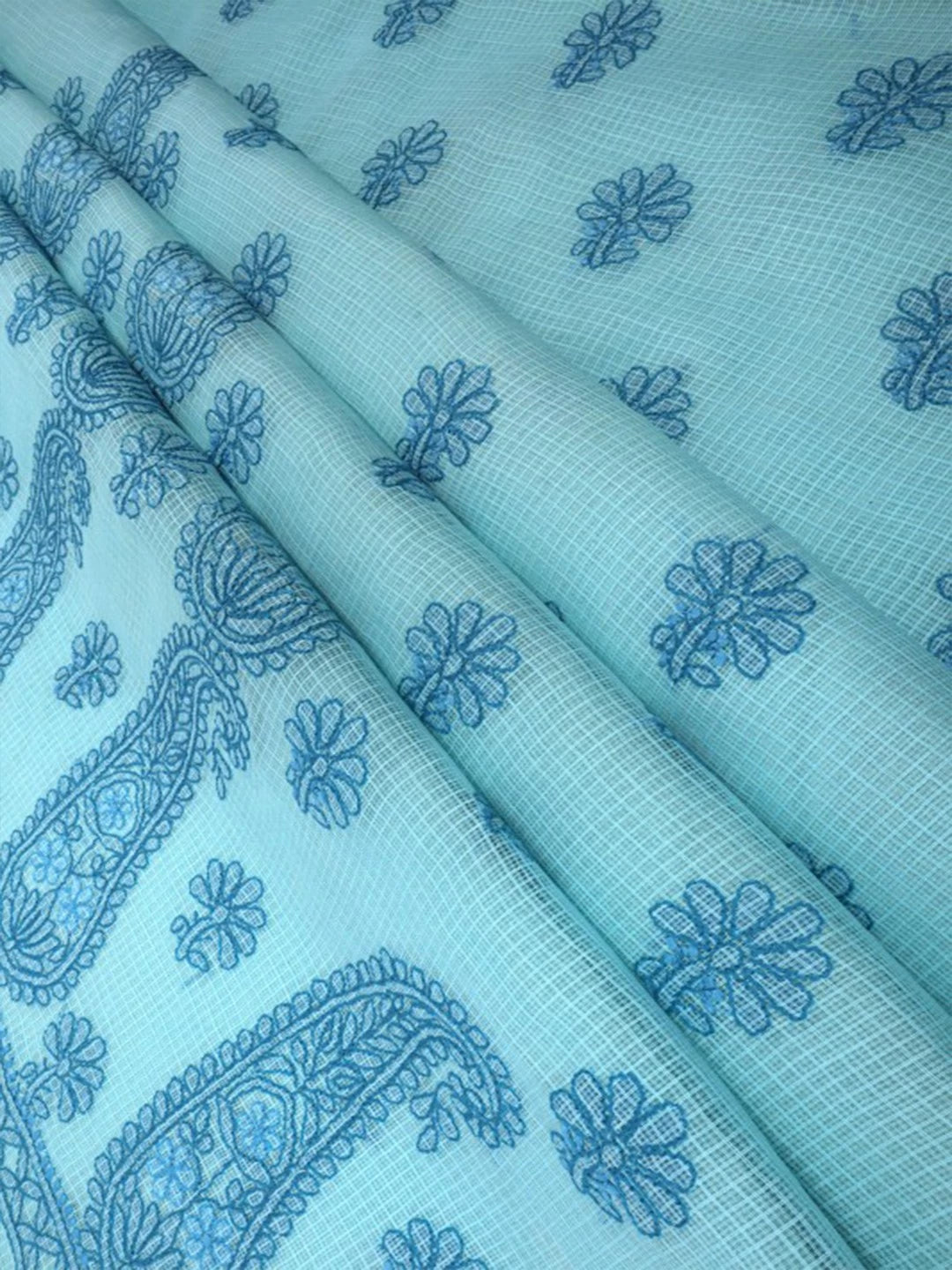 Ada Hand Embroidered Sky Blue Kota Lucknowi Chikankari Unstitched Kurta Dupatta Set 01A127242