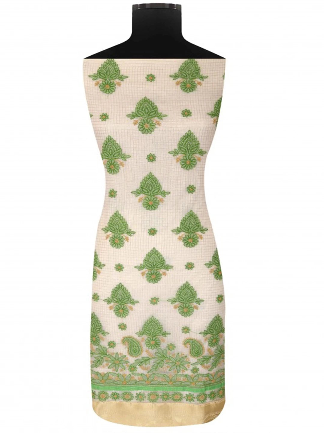 Ada Hand Embroidered Cream Kota Lucknowi Chikankari Unstitched Kurta Dupatta Set 01A127068