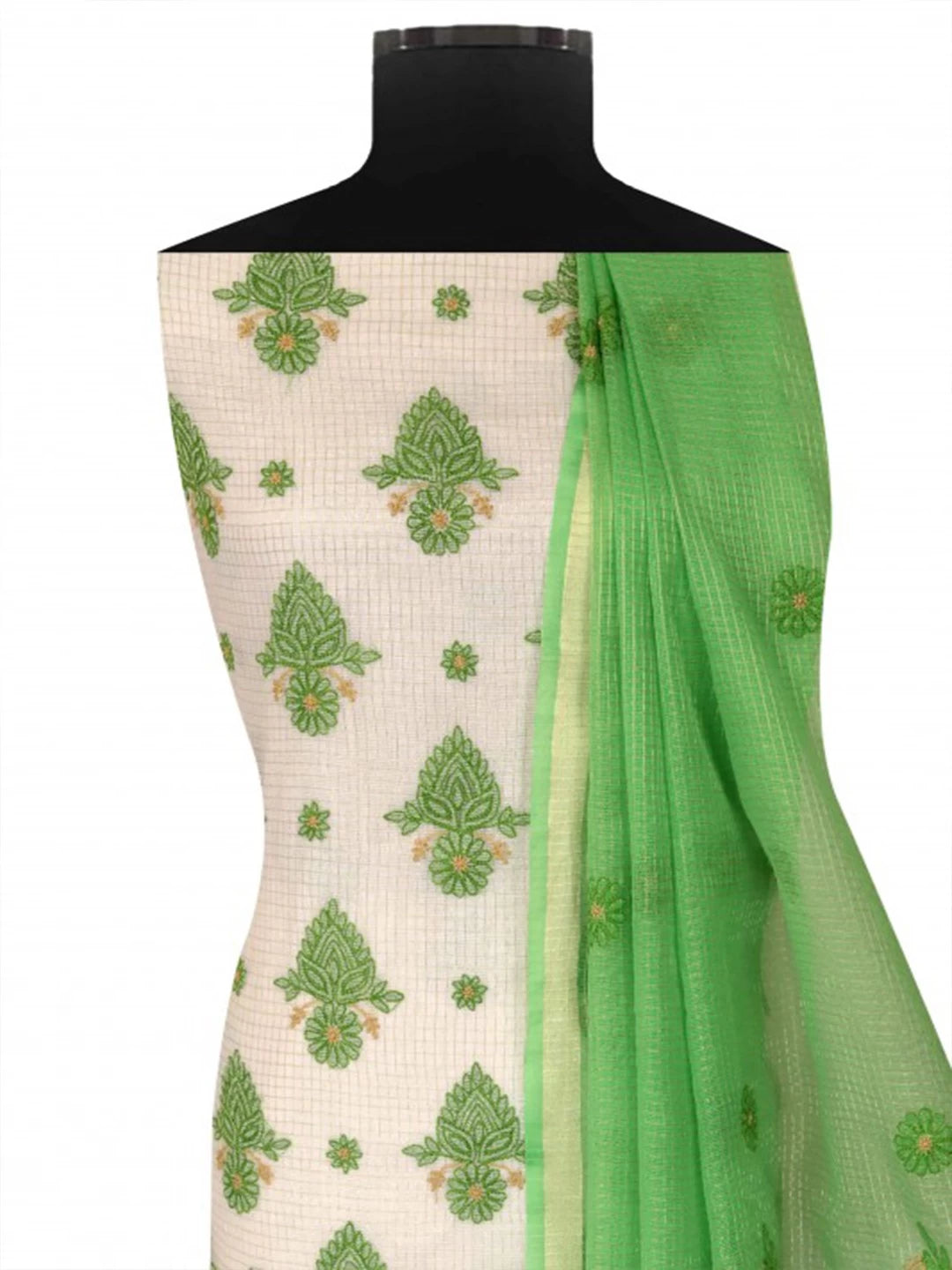Ada Hand Embroidered Cream Kota Lucknowi Chikankari Unstitched Kurta Dupatta Set 01A127068