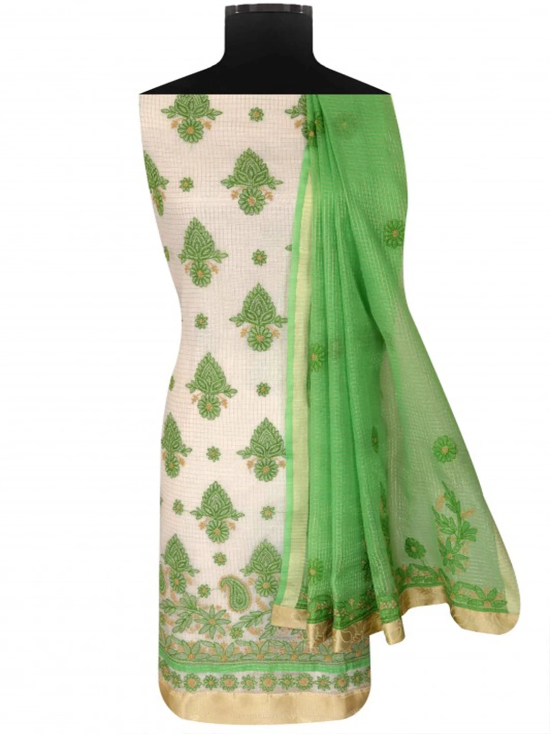 Ada Hand Embroidered Cream Kota Lucknowi Chikankari Unstitched Kurta Dupatta Set 01A127068