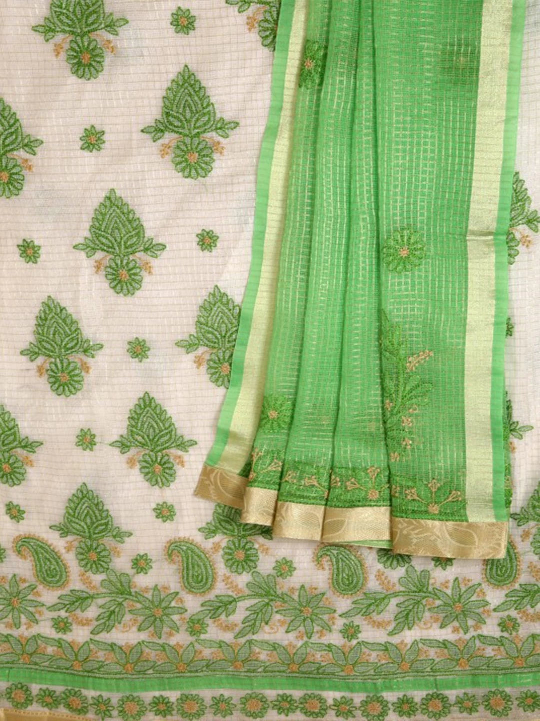 Ada Hand Embroidered Cream Kota Lucknowi Chikankari Unstitched Kurta Dupatta Set 01A127068