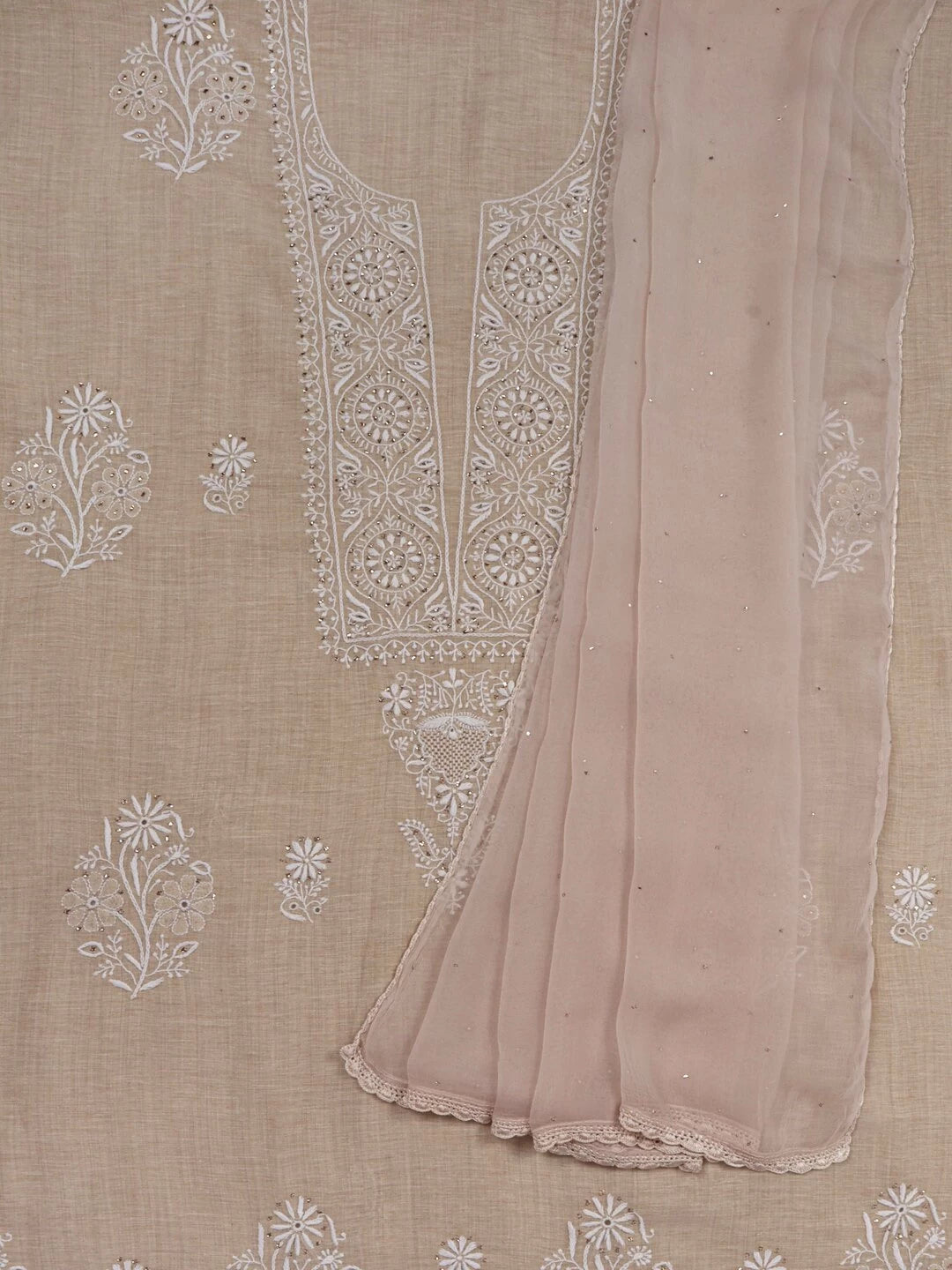 Ada Hand Embroidered Fawn Khadi Lucknowi Chikankari Unstitched Kurta Dupatta Set With Muqaish Work 01A133604