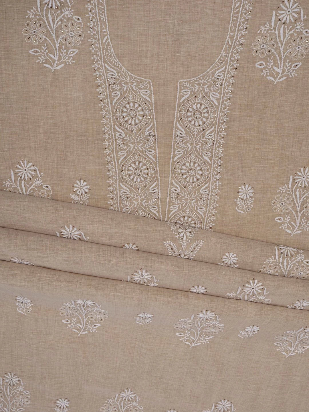 Ada Hand Embroidered Fawn Khadi Lucknowi Chikankari Unstitched Kurta Dupatta Set With Muqaish Work 01A133604