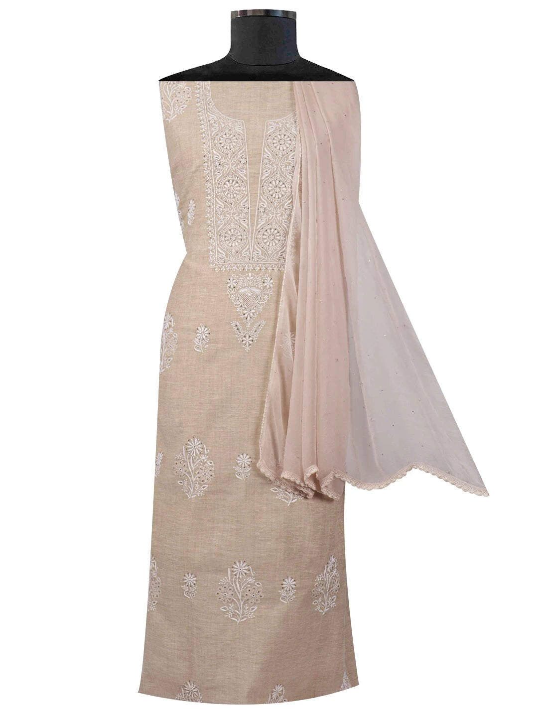 Ada Hand Embroidered Fawn Khadi Lucknowi Chikankari Unstitched Kurta Dupatta Set With Muqaish Work 01A133604