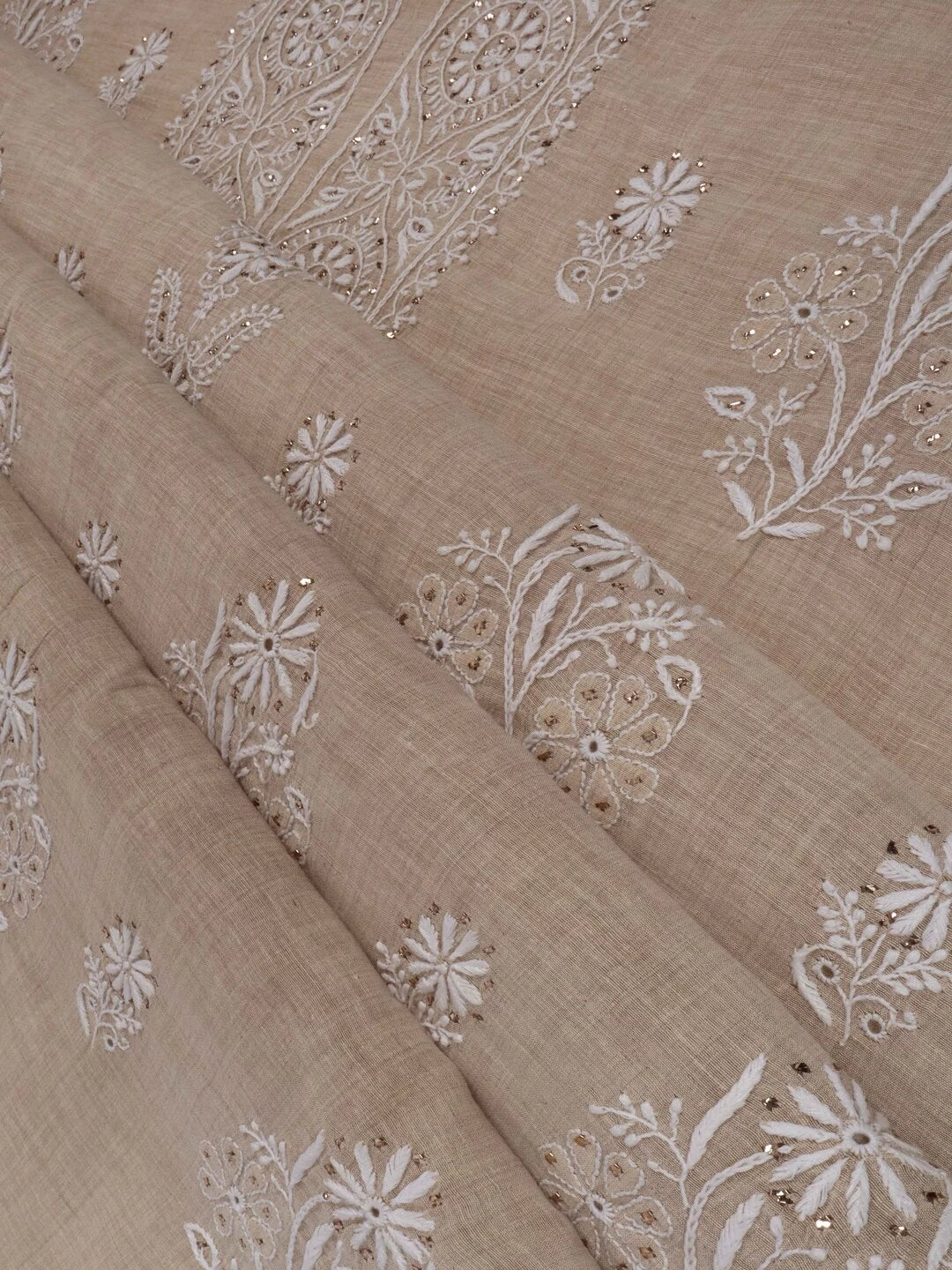 Ada Hand Embroidered Fawn Khadi Lucknowi Chikankari Unstitched Kurta Dupatta Set With Muqaish Work 01A133604